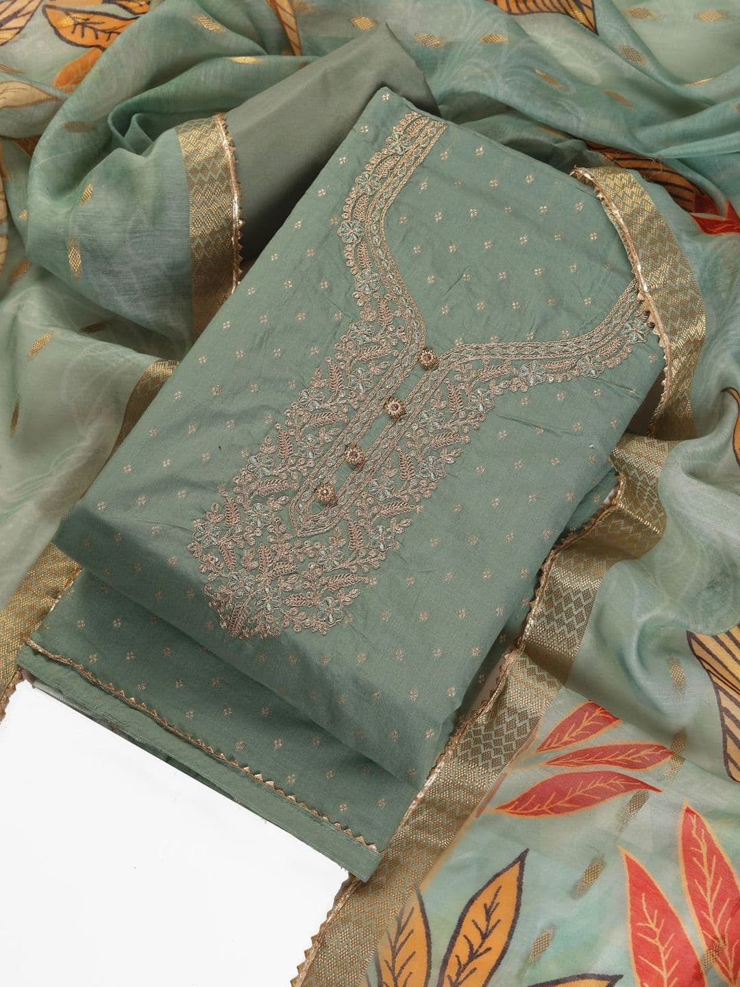 TAVAS Embroidered Chanderi Silk Unstitched Dress Material - view 1