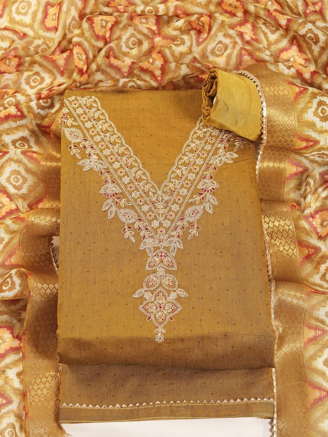TAVAS Embroidered Chanderi Cotton Unstitched Dress Material - view 1
