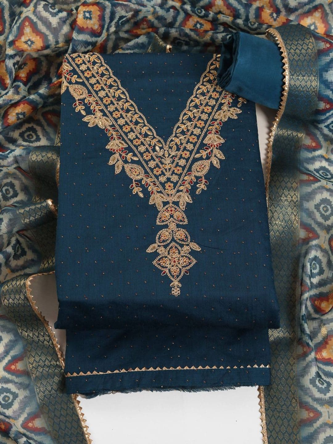 TAVAS Embroidered Chanderi Cotton Unstitched Dress Material - view 1