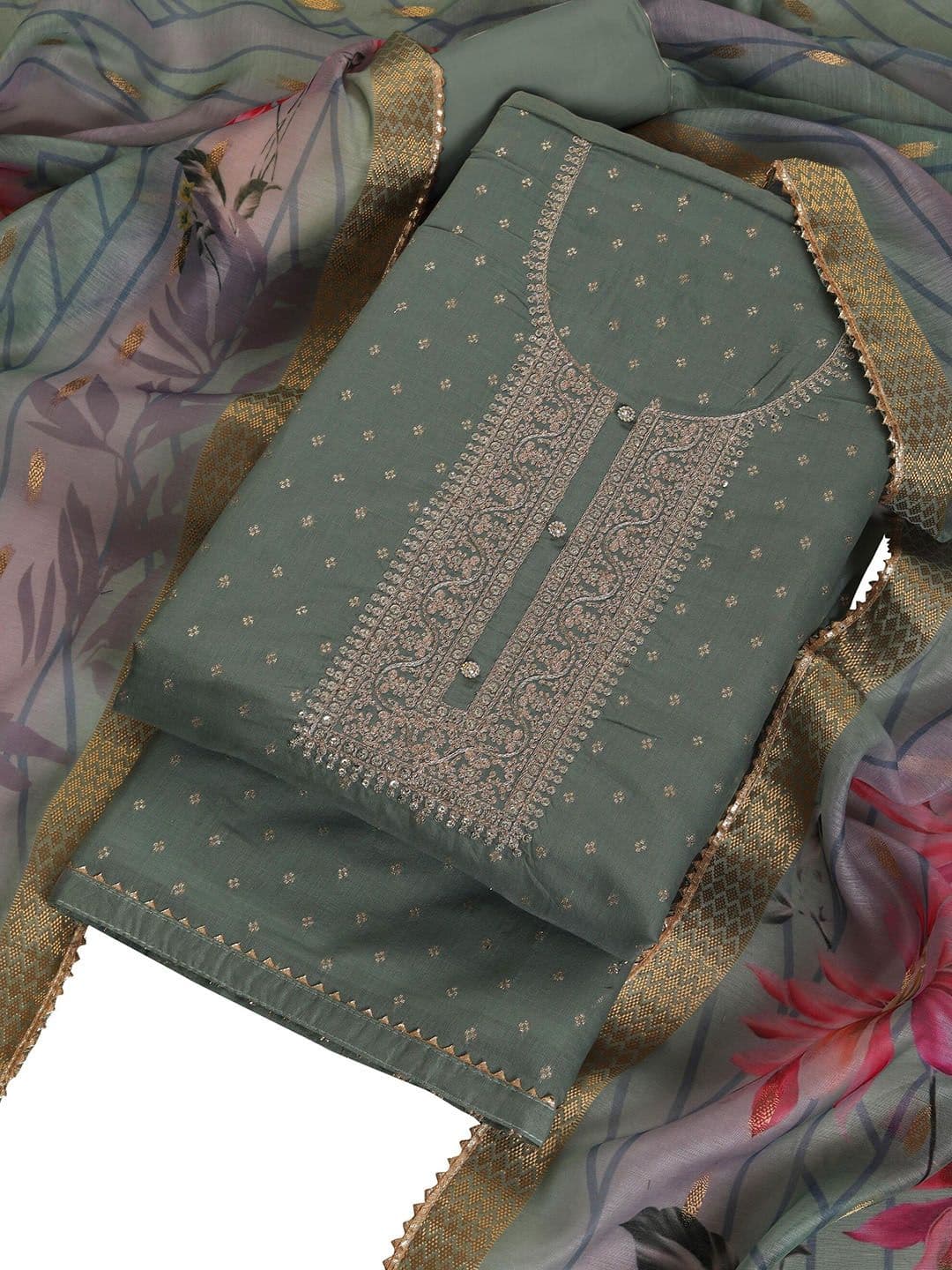 TAVAS Embroidered Chanderi Silk Unstitched Dress Material - view 1