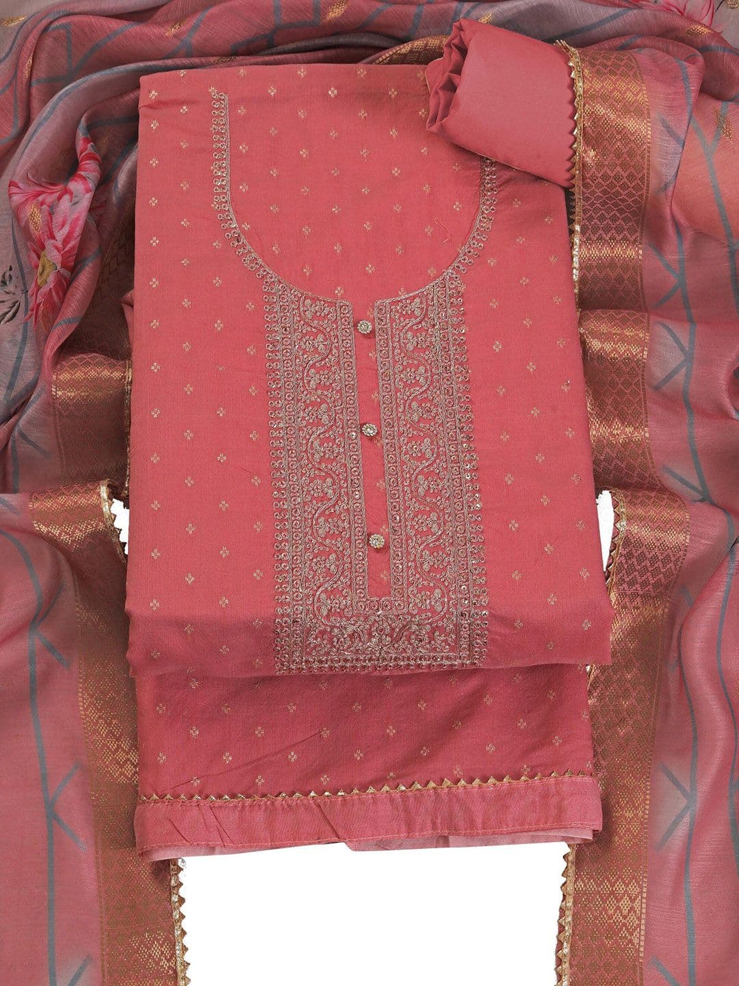 TAVAS Embroidered Chanderi Silk Unstitched Dress Material - view 1