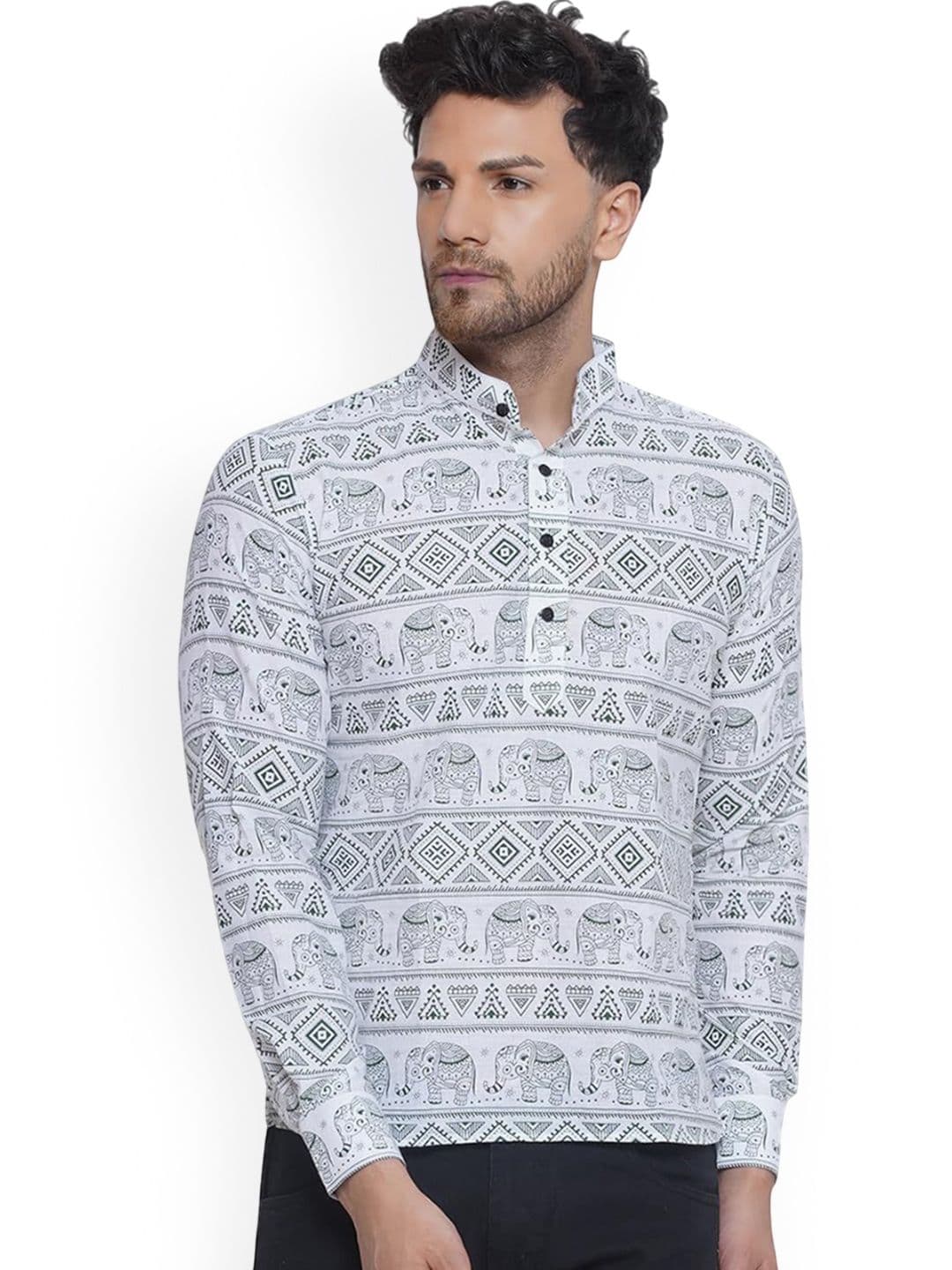 VEERA PARIDHAAN Ethnic Motifs Printed Band Collar Cotton Straight Short Kurta - view 1