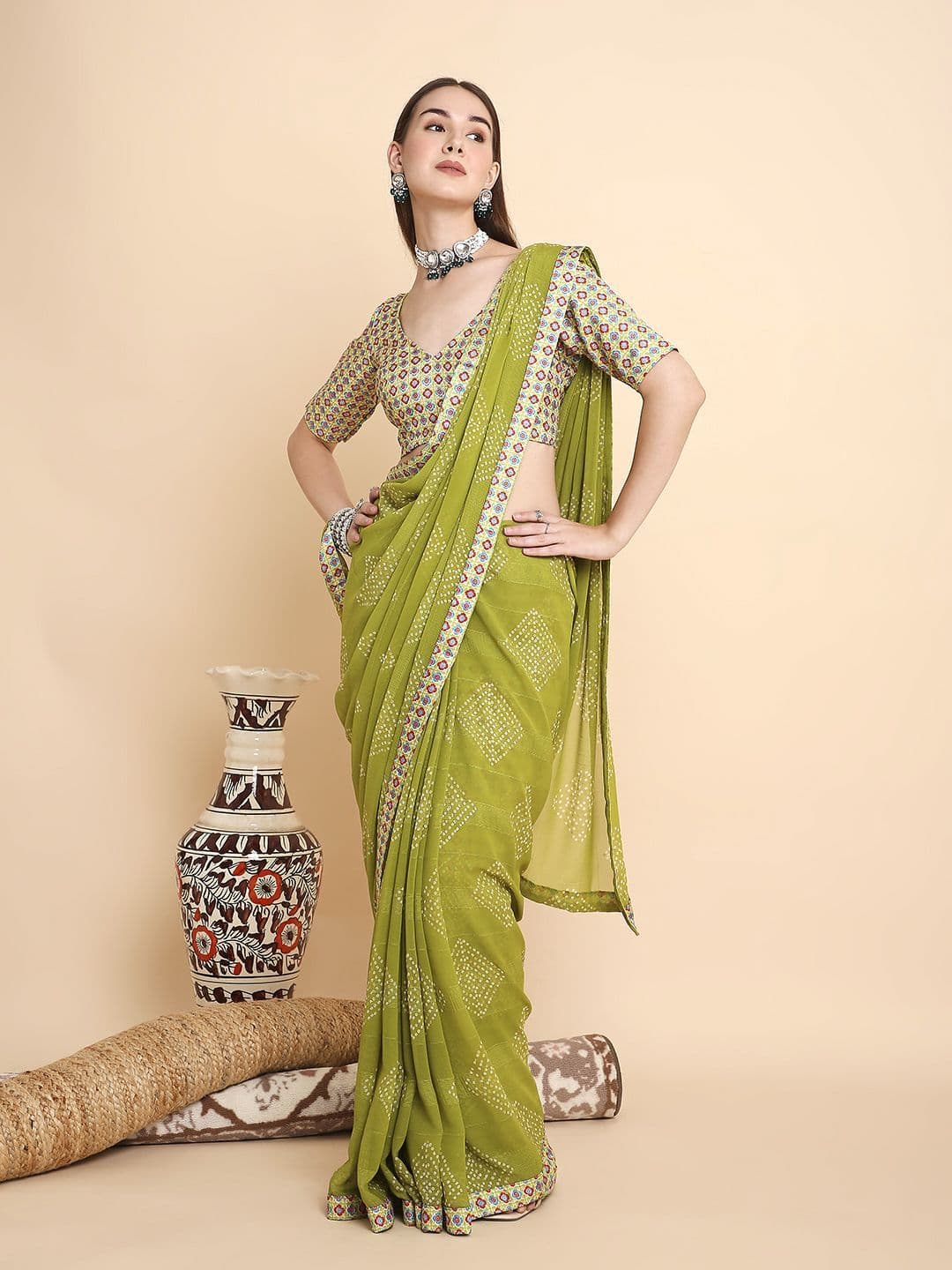 RATAN Women Chiffon Bandhani Printed Saree With Unstitched Blouse Piece - view 1