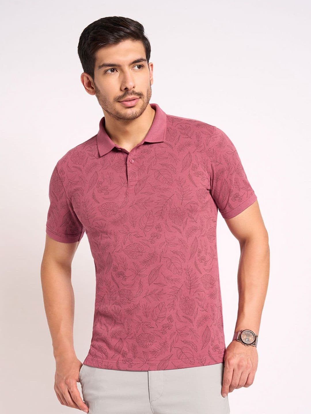 Peregrine by Pantaloons Men Floral Printed Polo Collar Cotton T-shirt - view 1