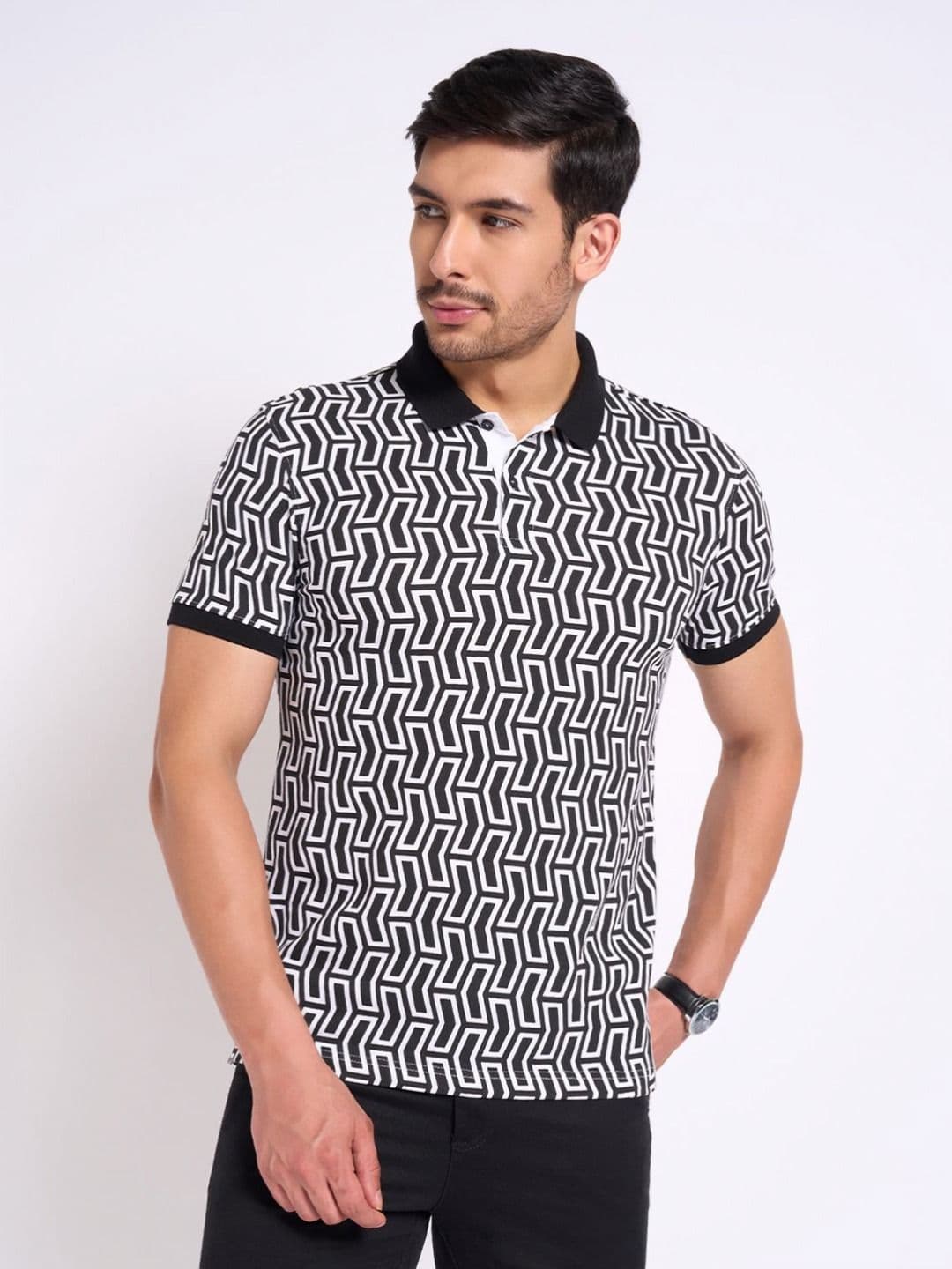 Peregrine by Pantaloons Men Geometric Printed Polo Collar Cotton T-shirt - view 1