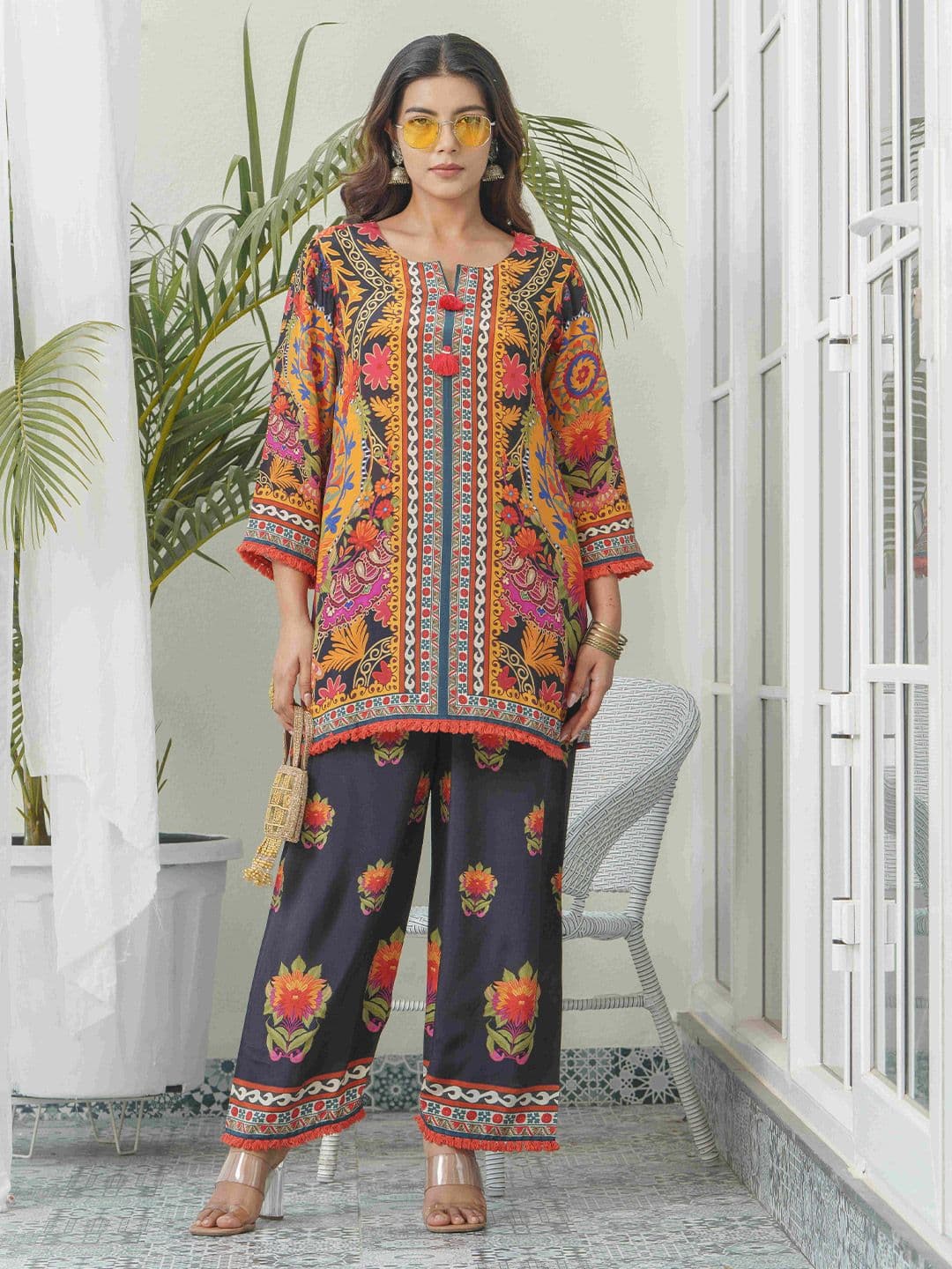 Sangria Traditional Printed Round Neck Tunic & Trousers Co-Ords - view 1