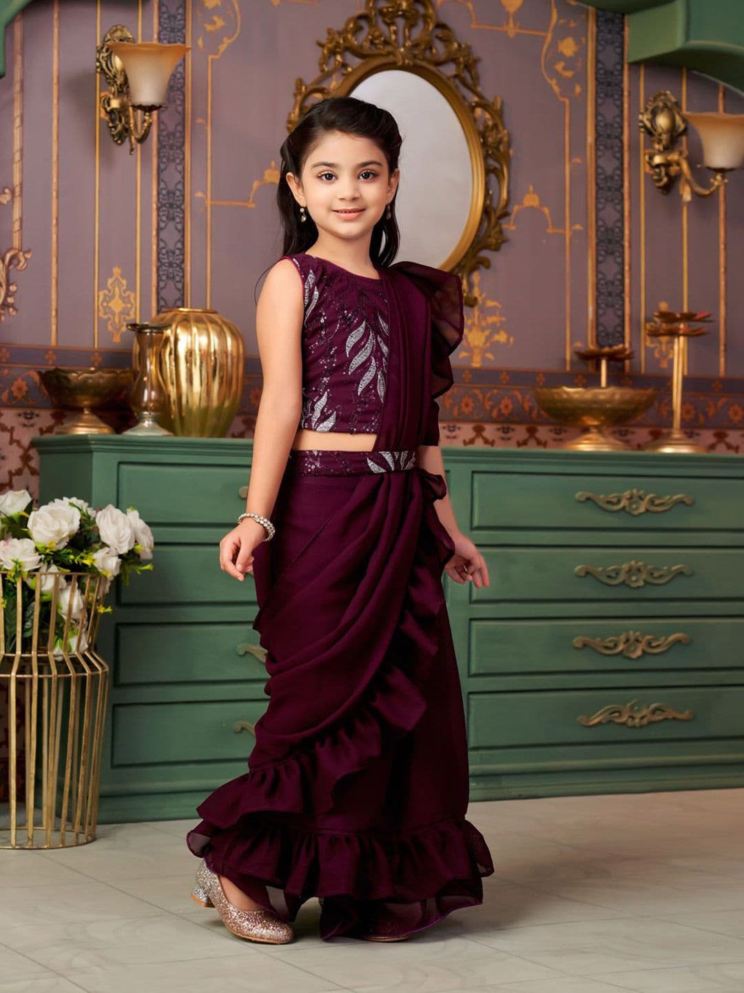 Sangria Girls Sequinned Embellished Lehenga Choli Set With Attached Dupatta - view 1