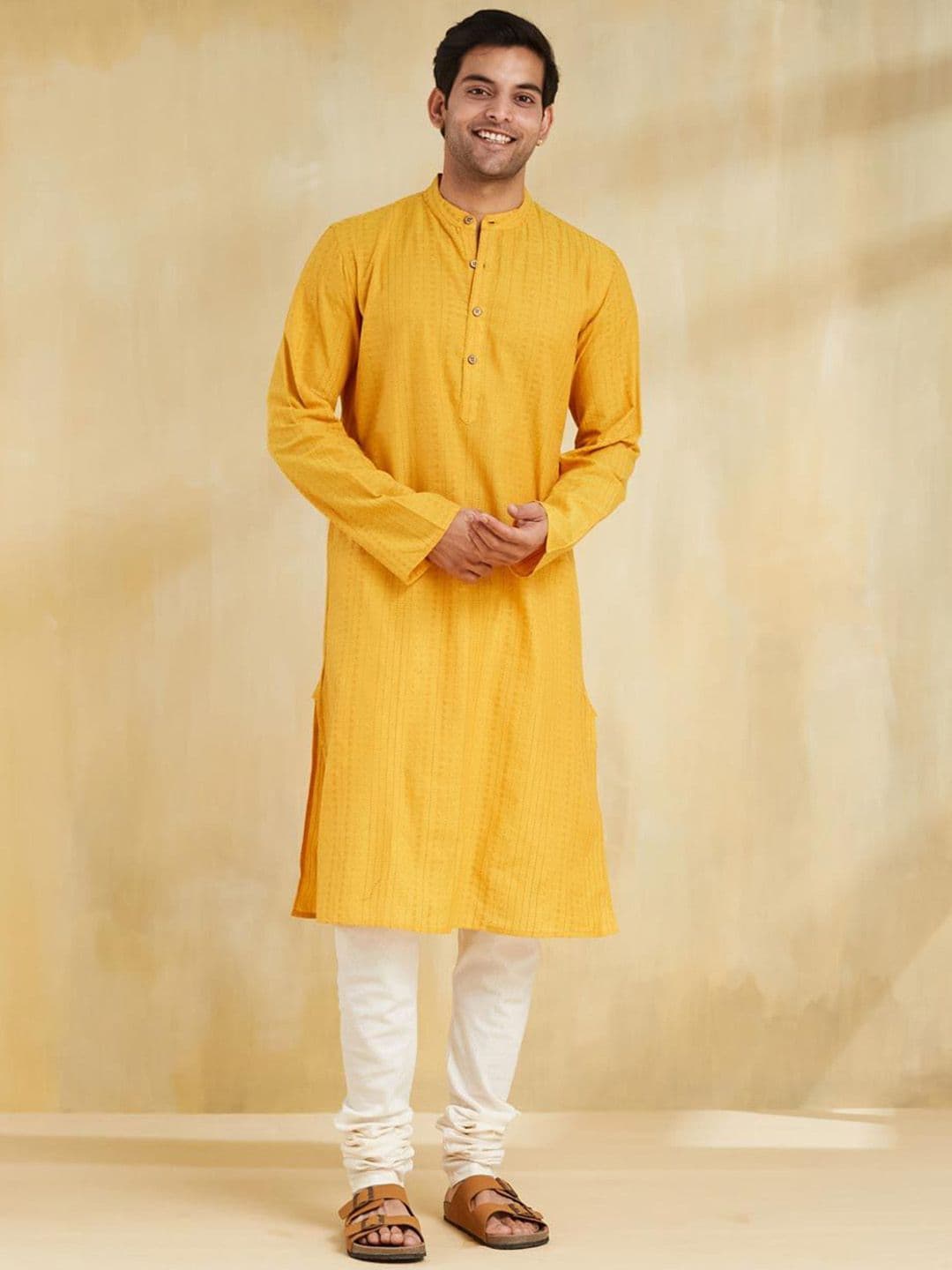 Fabindia Geometric Embroidered Band Collar Cotton Straight Kurta - view 1
