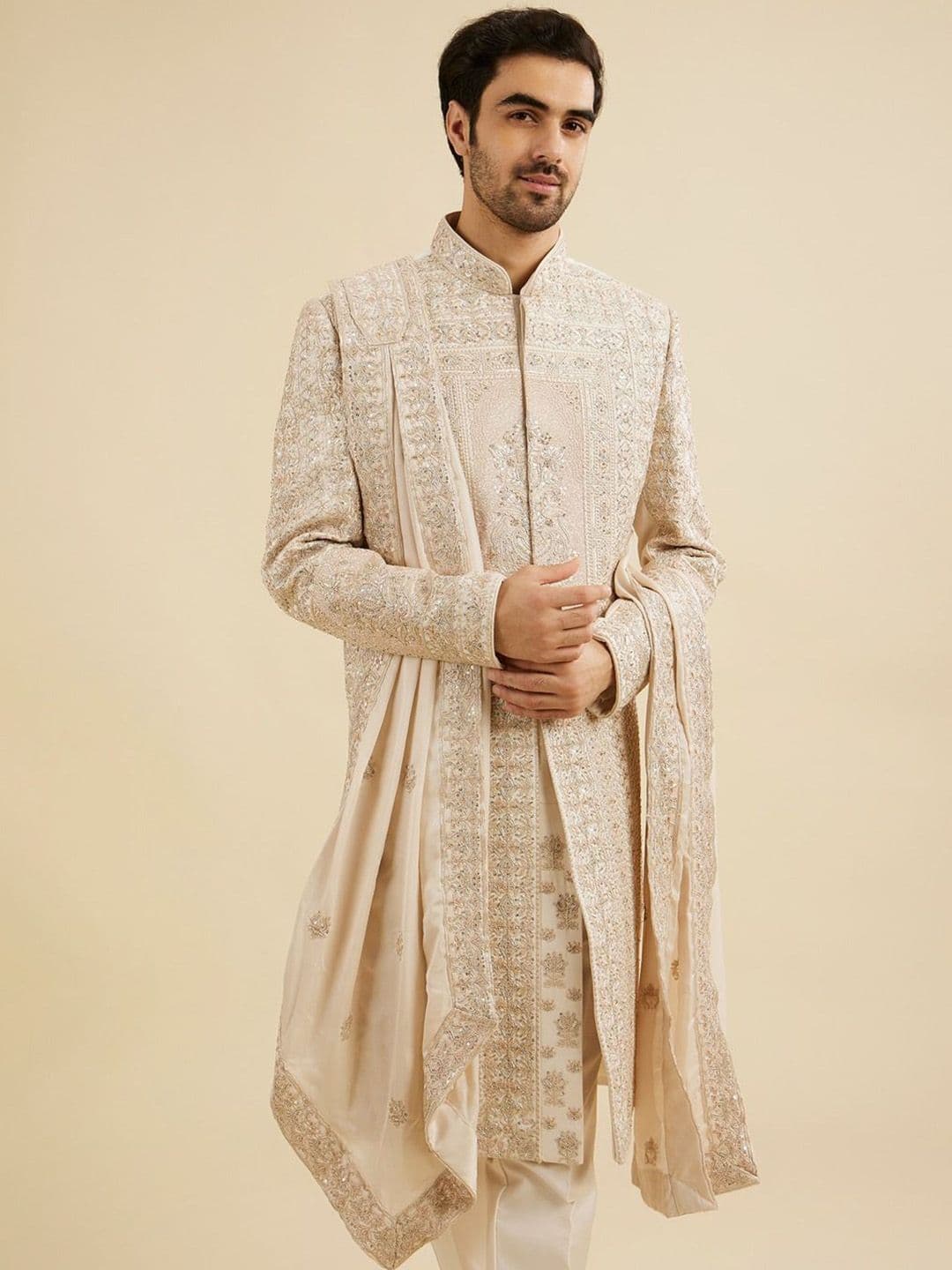 Manyavar Men Embroidered Sherwani Set with Dupatta - view 1