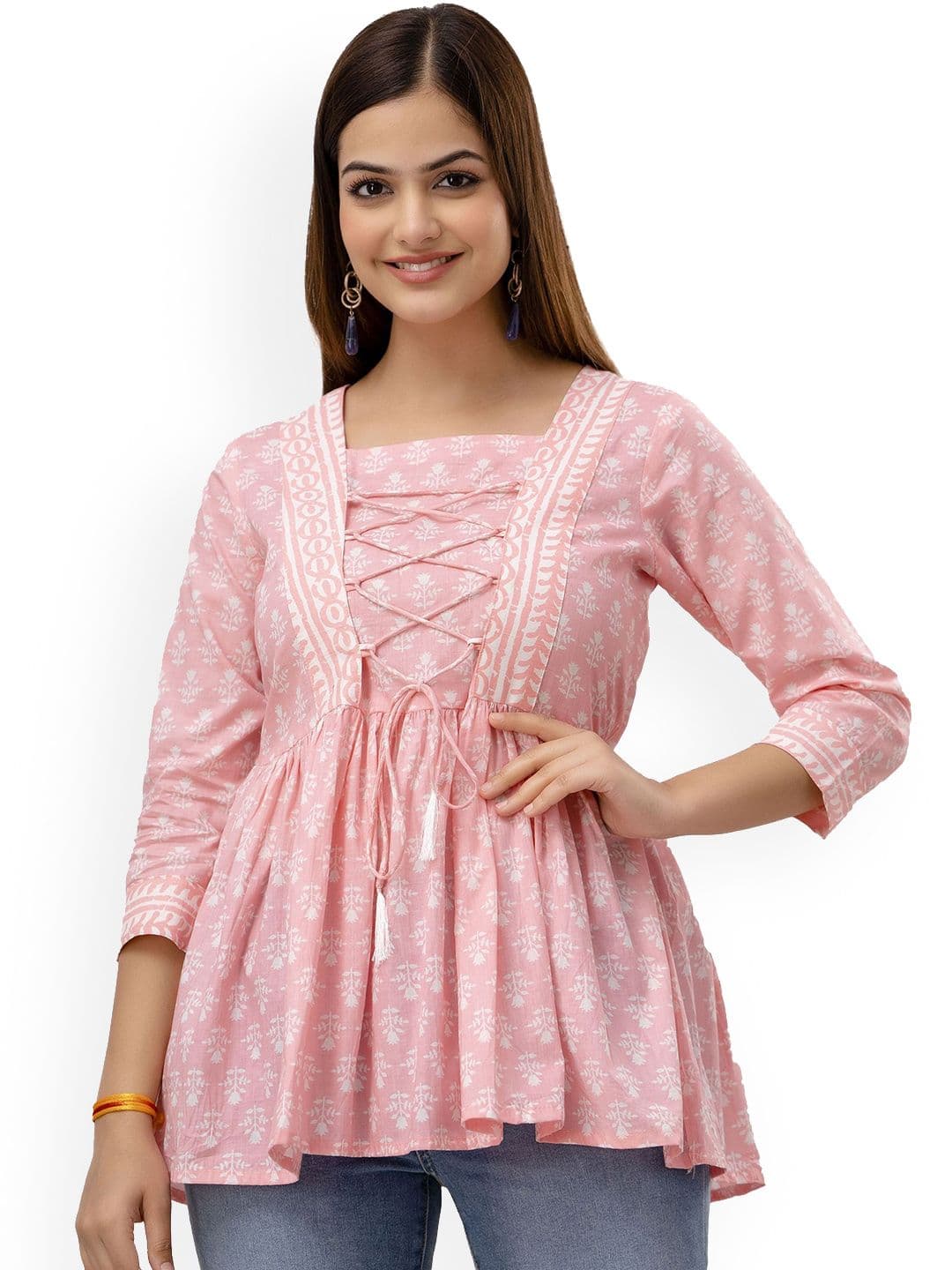 DMP FASHION Floral Printed Pure Cotton Square Neck Peplum Kurti - view 1