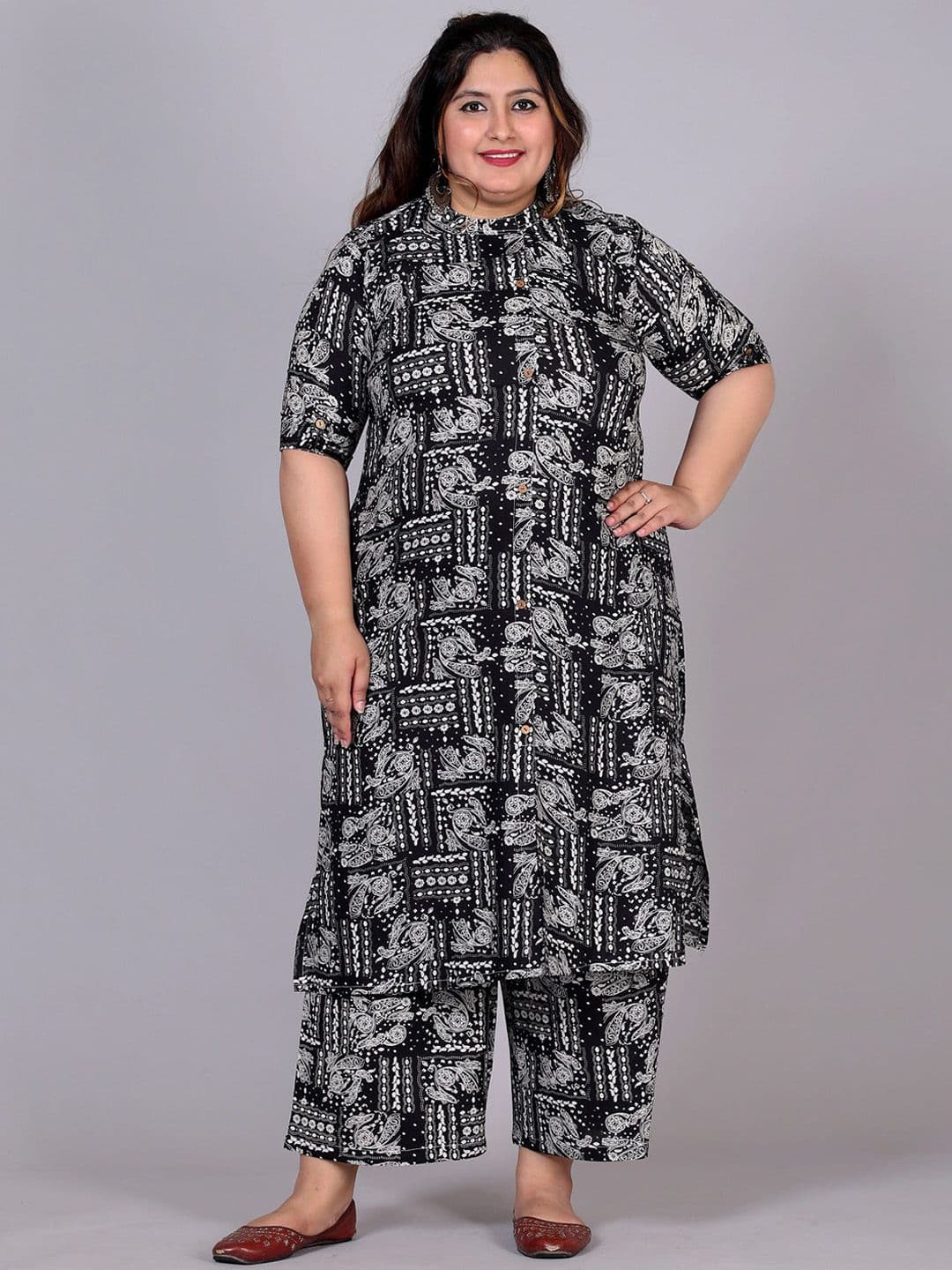 Gs Fashions Plus Size Printed Mandarin Collar Pure Cotton Tunic With Palazzo - view 1