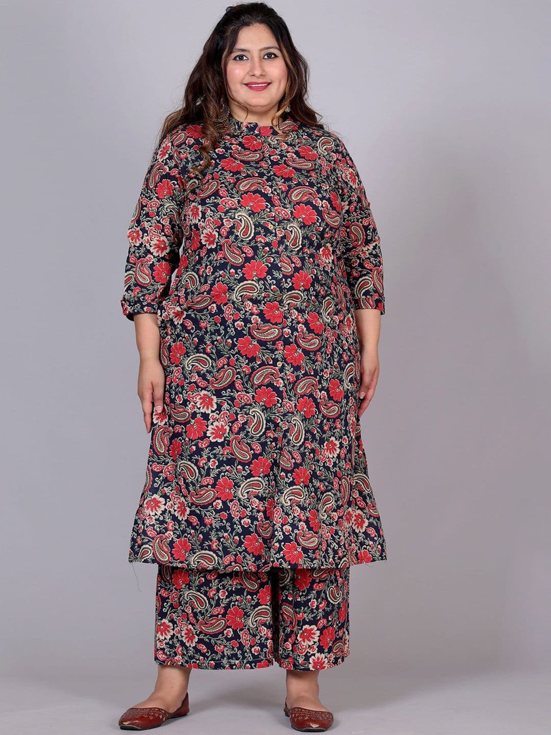 Gs Fashions Plus Size Floral Printed Mandarin Collar Pure Cotton Straight Kurta & Palazzoz - view 1
