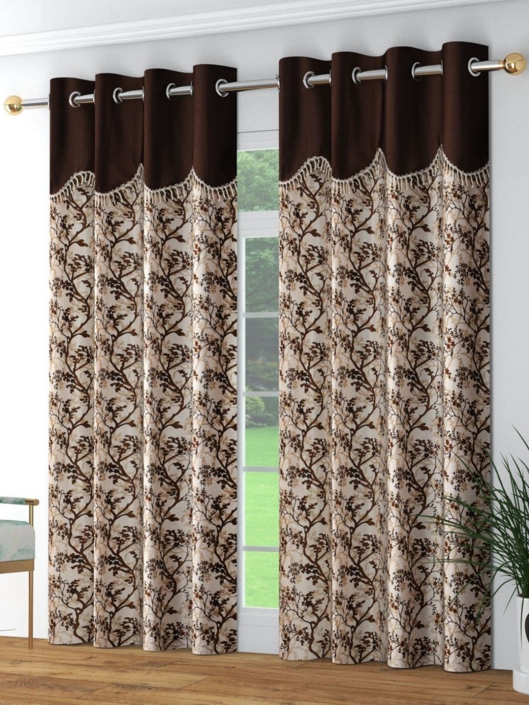 Galaxy Home Decor Brown & Beige 2 Pieces Floral Printed Long Door Curtains - view 1