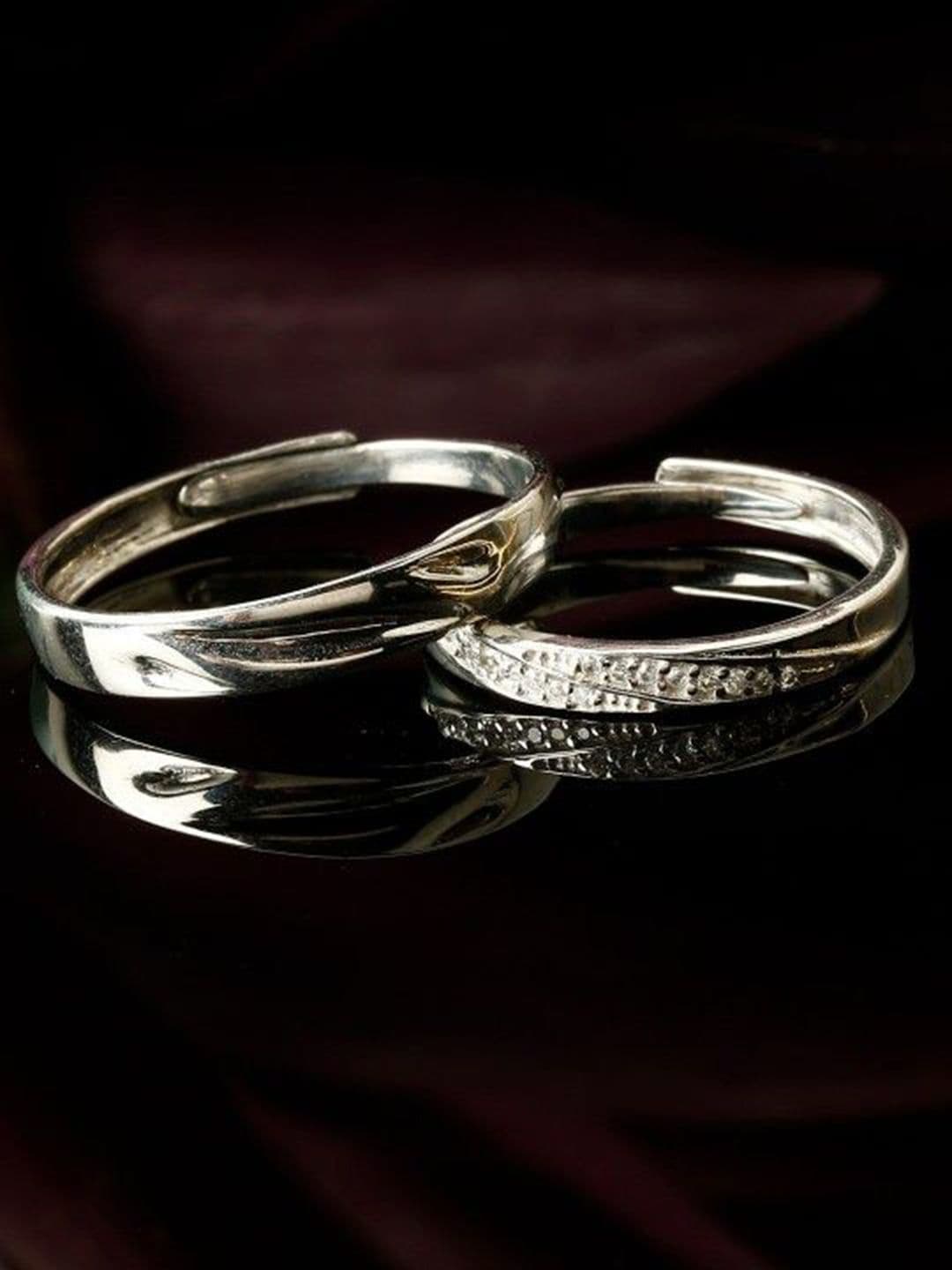 PASU FASHION Set Of 2 Silver Plated Crystals Stones Studded Adjustable Couple Finger Rings - view 1