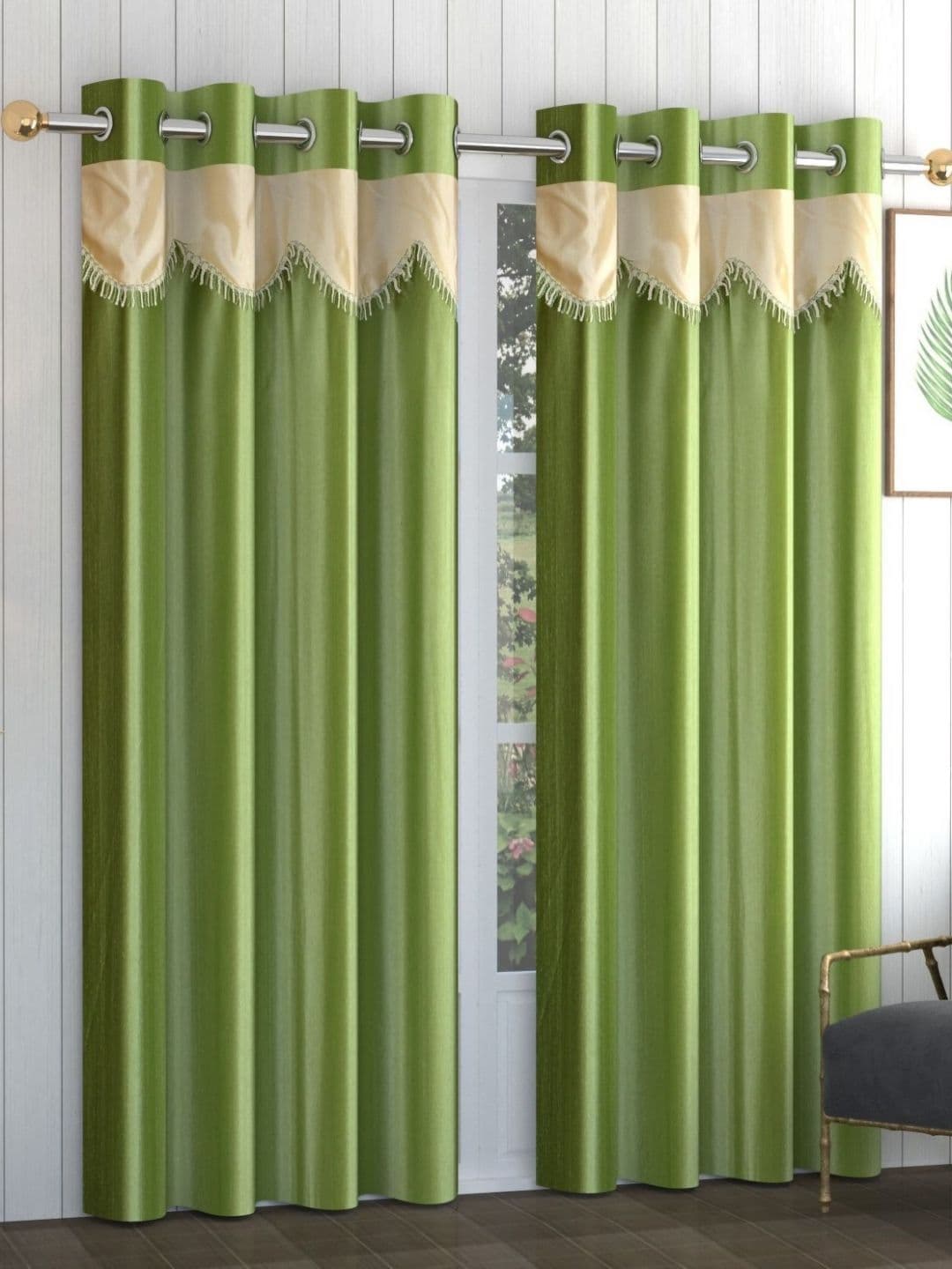 Galaxy Home Decor Green & Beige 2 Pieces Textured Long Door Curtains - view 1
