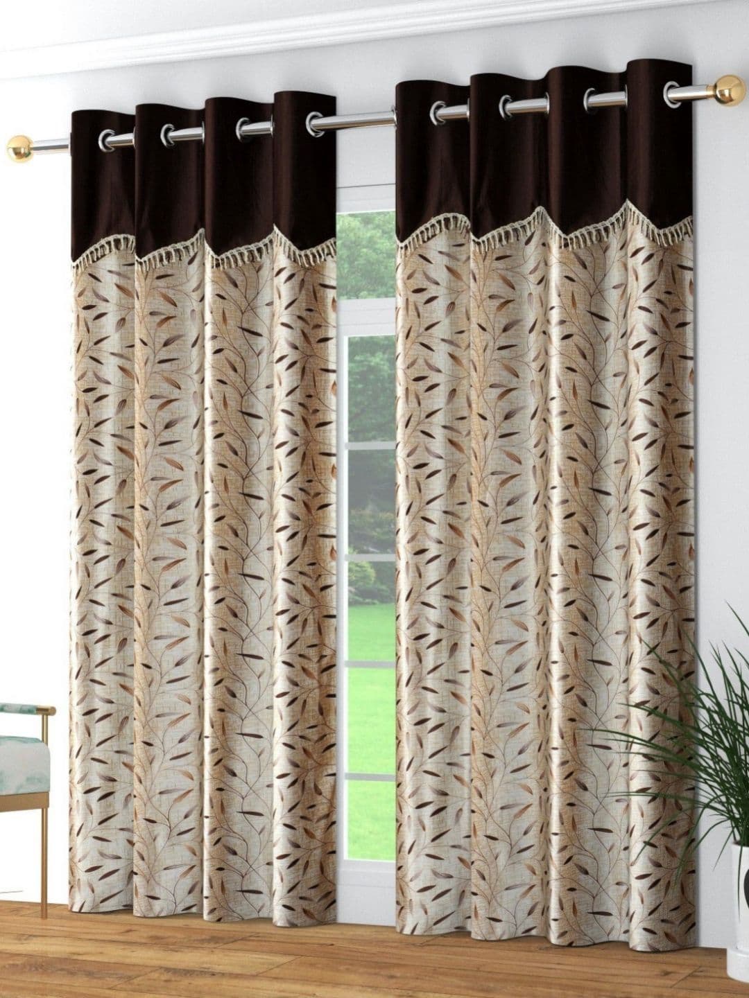 Galaxy Home Decor Brown & Beige 2 Pieces Floral Printed Long Door Curtains - view 1