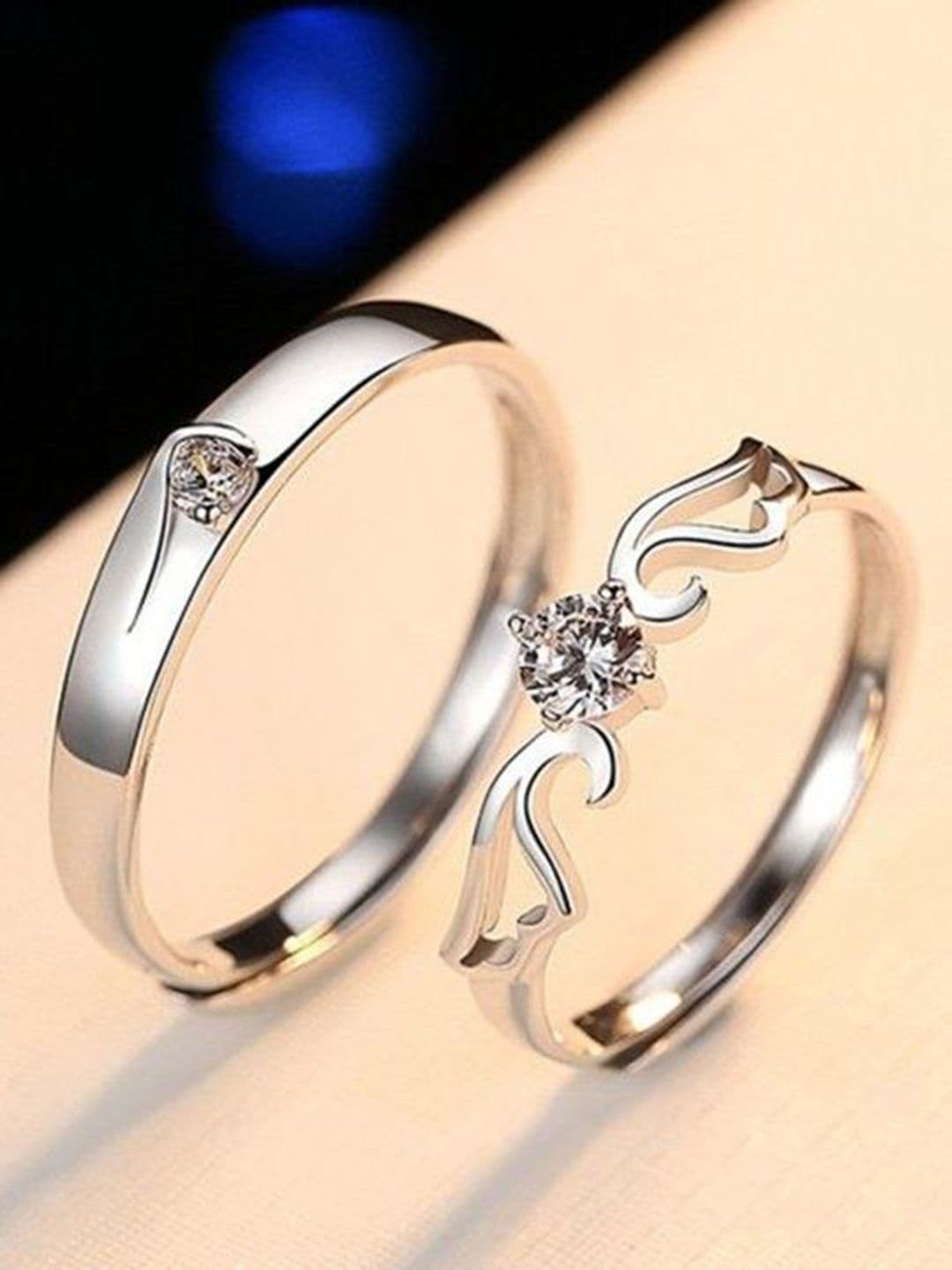 PASU FASHION Set Of 2 Silver Plated Crystals Stones Studded Adjustable Couple Finger Rings - view 1