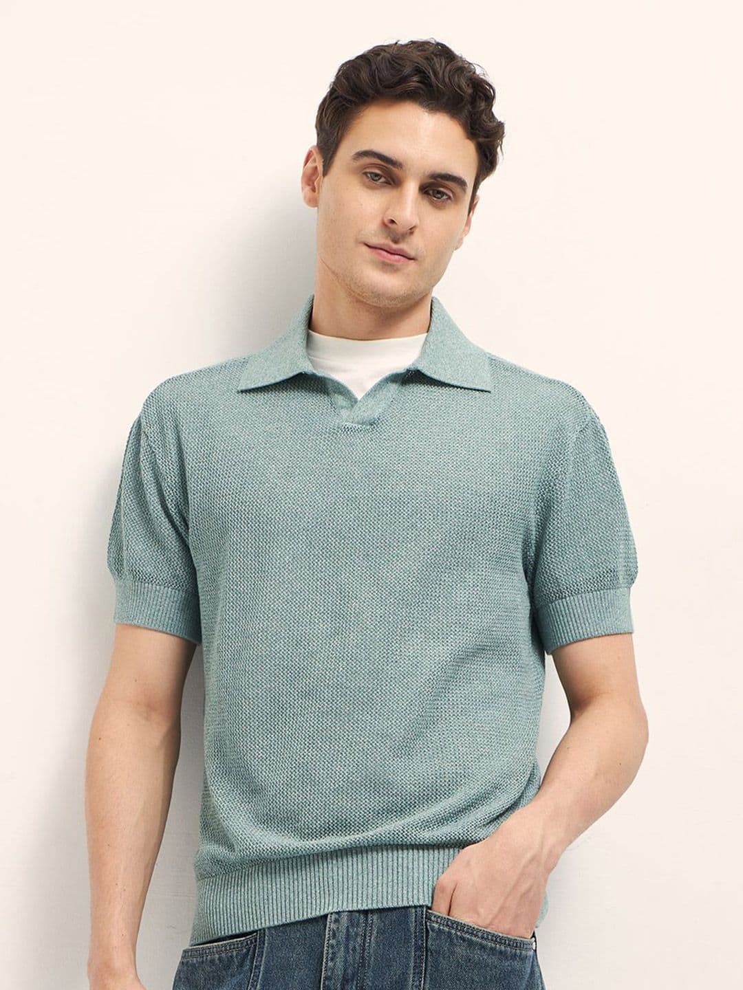 THE BEAR HOUSE Men Self Design Polo Collar Cotton Relaxed Fit T-shirt - view 1
