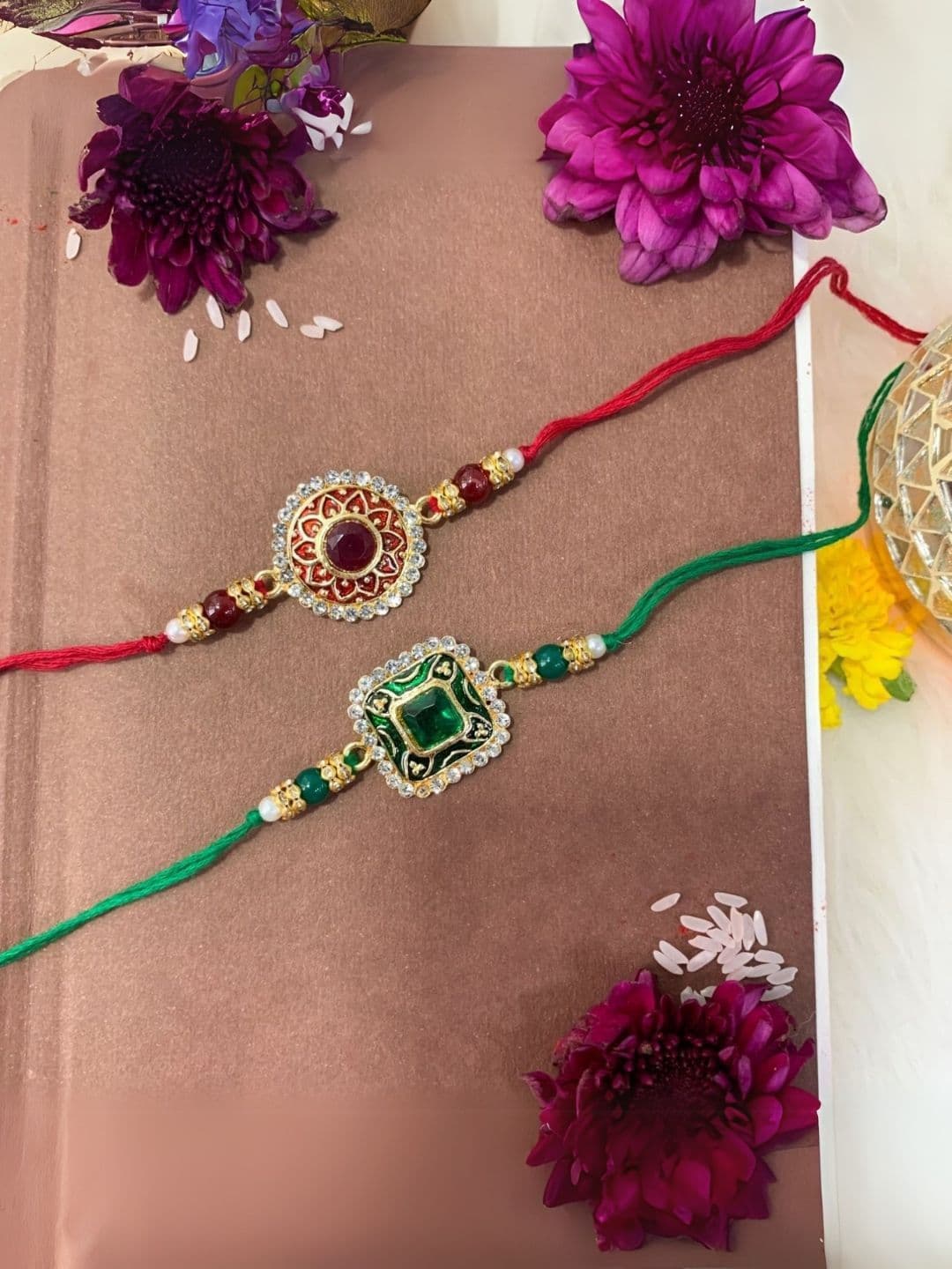 I Jewels Set of 2 Kundan Studded & Pearls Beaded Thread Rakhis With Roli Chawal - view 1