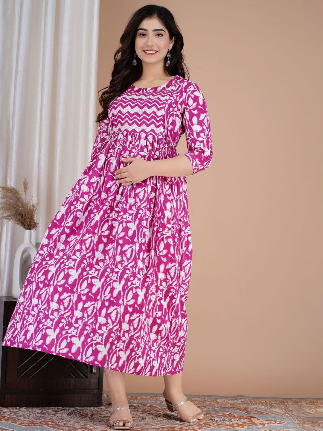 Tulsiram Floral Printed Pure Cotton A-Line Maternity Ethnic Dress - view 1