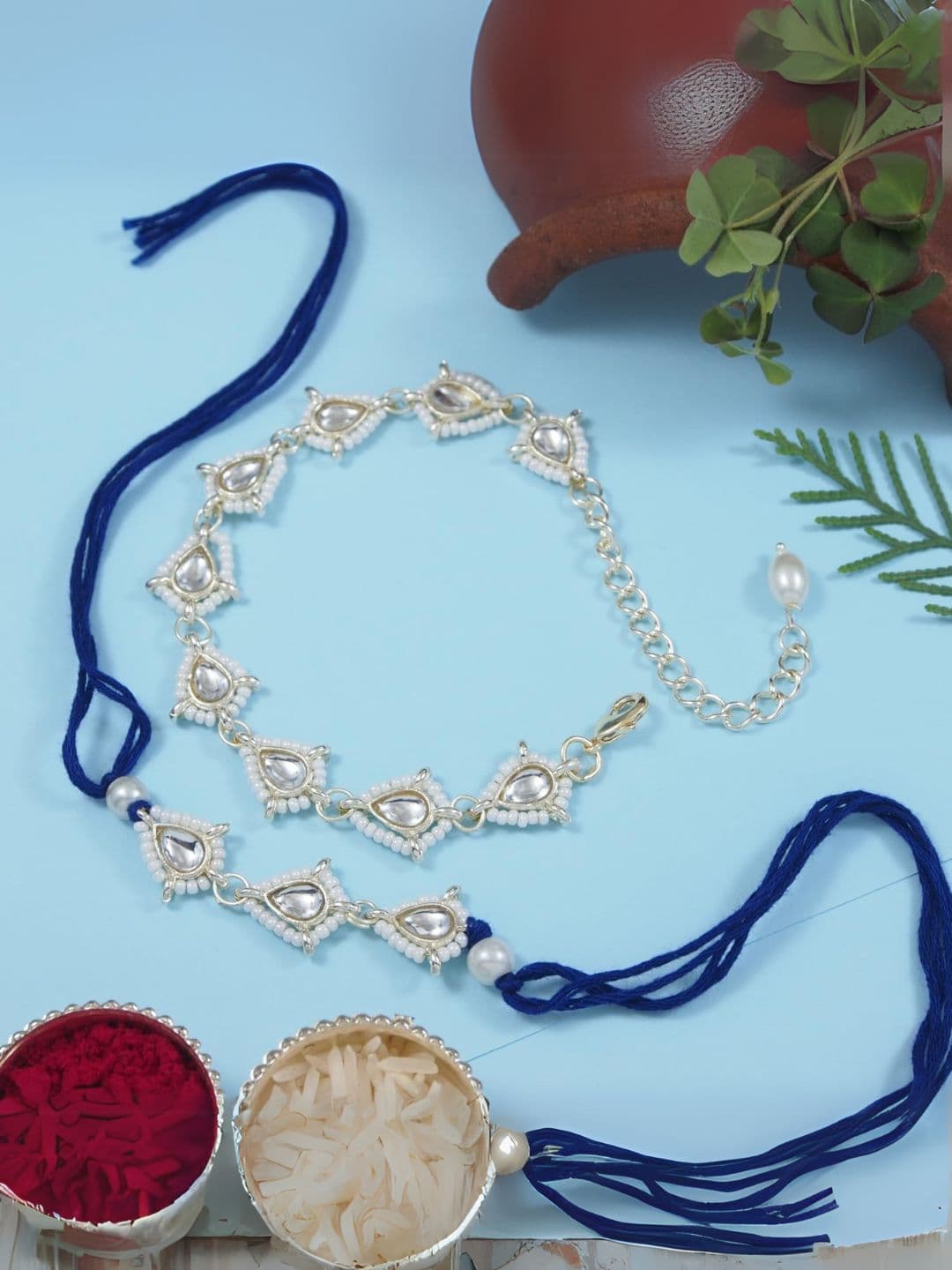 I Jewels 2 Pieces White Kundan & Pearls Bhaiya Bhabhi Lumba Bracelet Rakhi Combo Set - view 1
