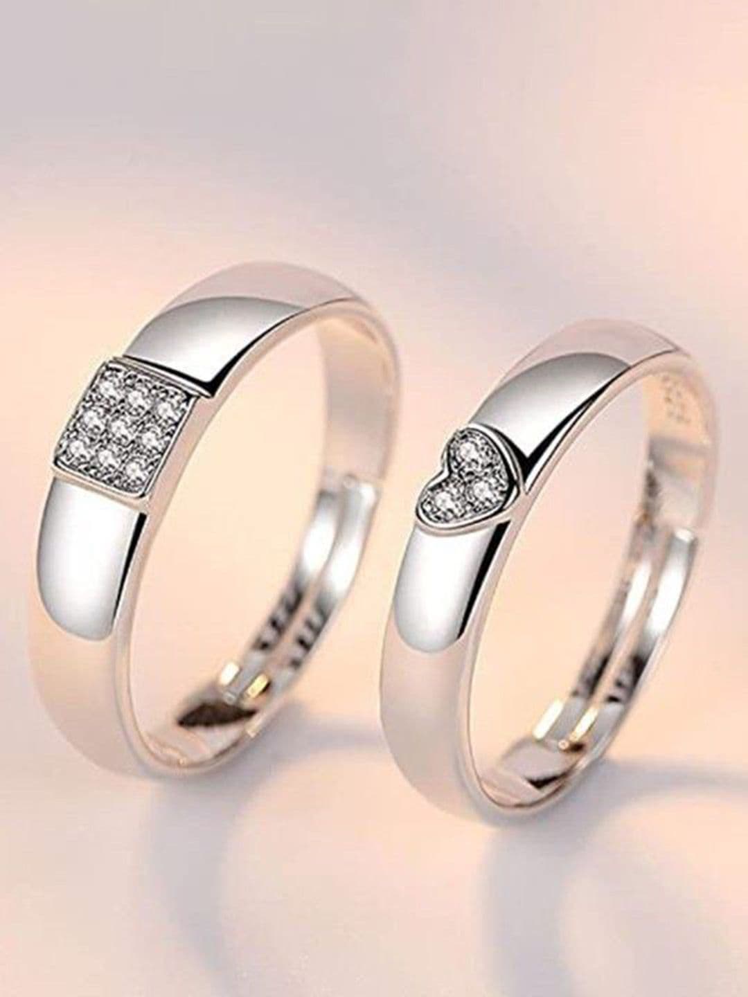 Ringzinnie Unisex Set Of 2 Silver Plated AD Studded Adjustable Couple Finger Rings - view 1
