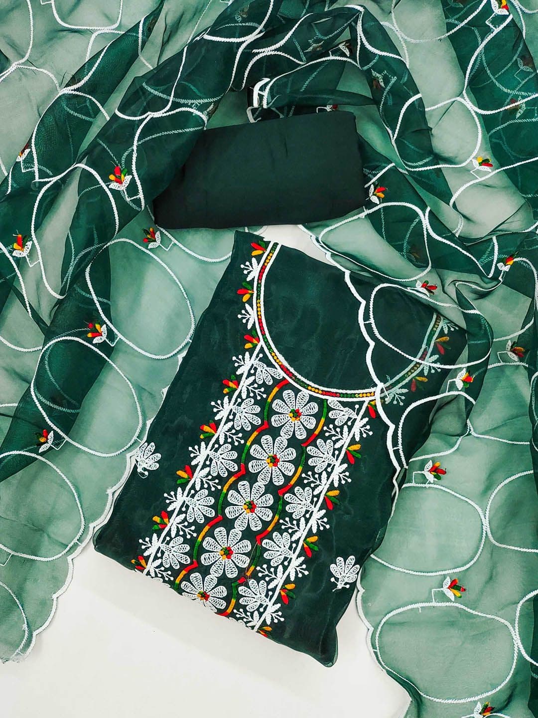 LeeliPeeri Designer Floral Embroidered Thread Work Organza Unstitched Dress Material - view 1