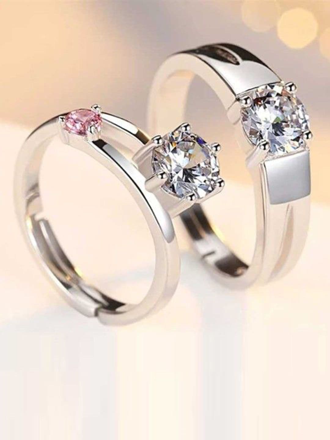 Ringzinnie Unisex Set Of 2 Stainless Steel Silver-Plated AD Studded Finger Rings - view 1