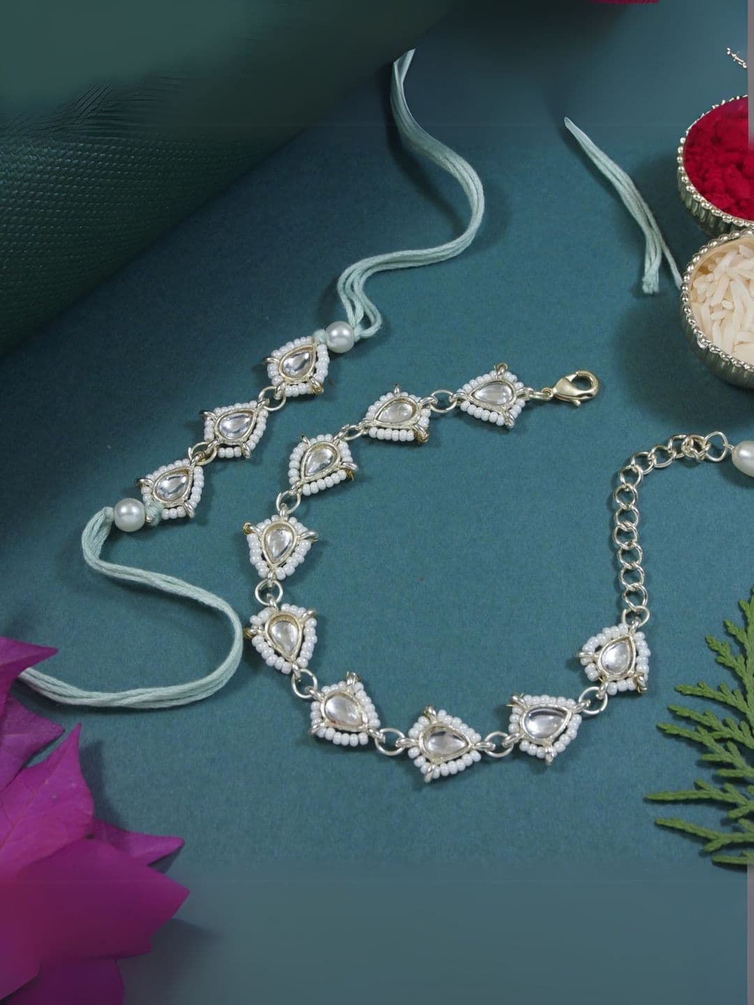 I Jewels White Kundan & Pearls Lumba Rakhi Bracelet Combo Set With Roli Chawal - view 1