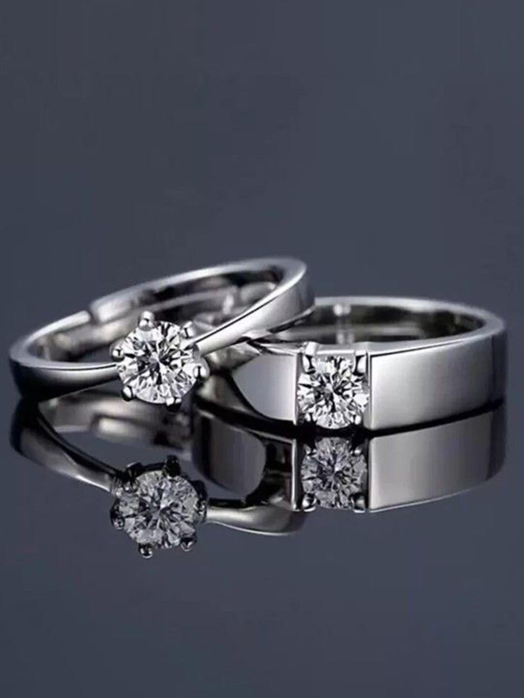 Ringzinnie Unisex Set Of 2 Silver Plated American Diamond Studded Couple Rings - view 1