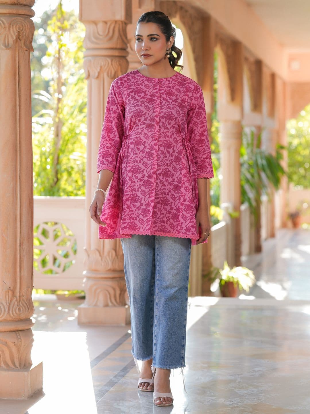 Janasya Women's Pink Pure Cotton Floral Printed A-line Tunic - view 1
