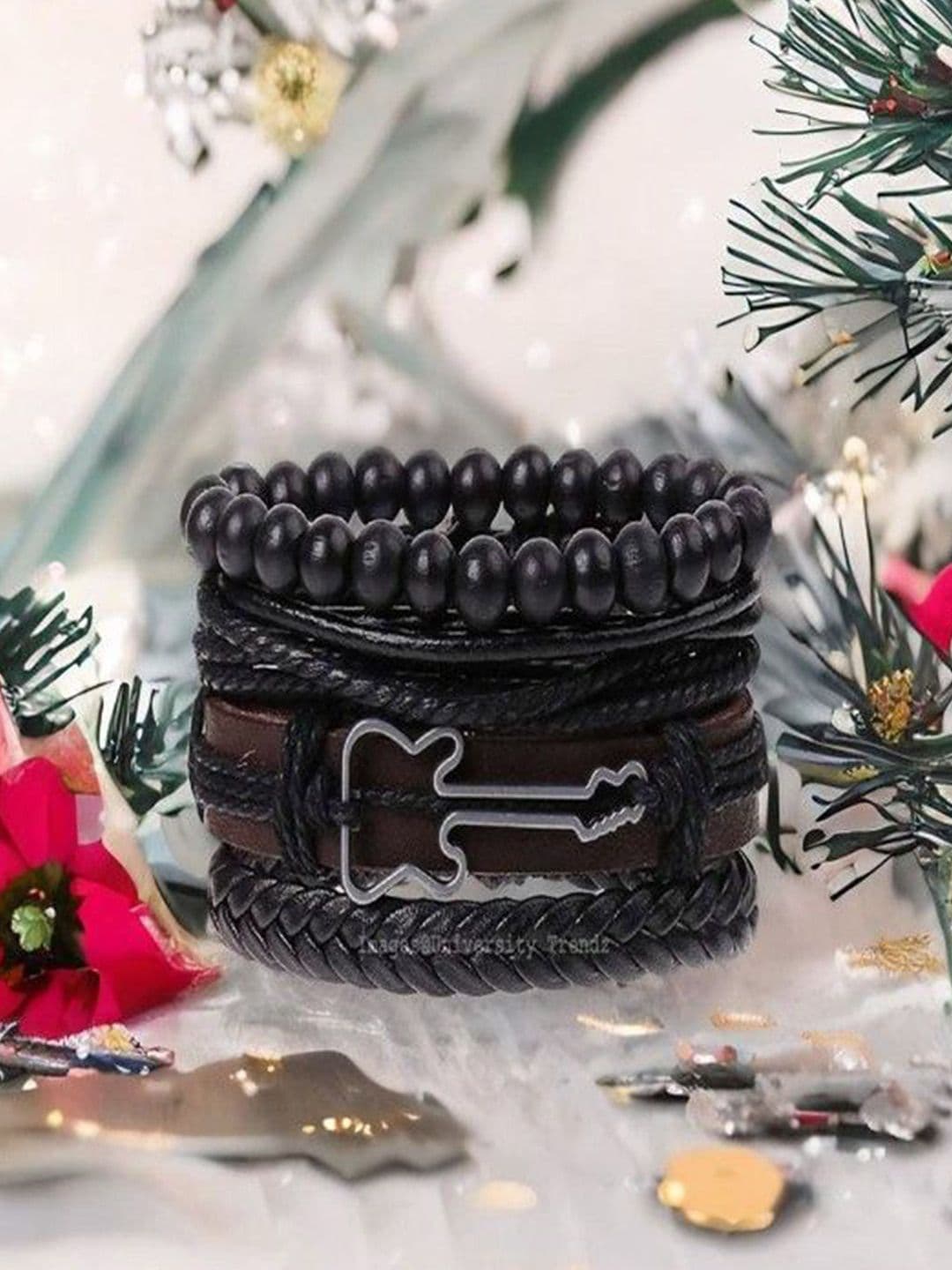 Ringzinnie Men Leather Artificial Beaded Guitar Wrap Black Layered Multistrand Bracelet - view 1