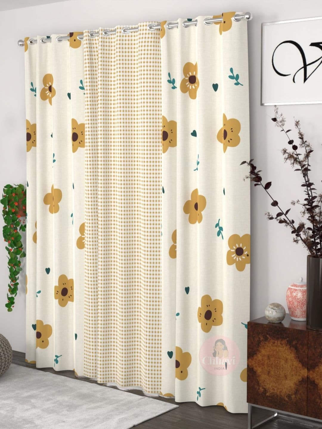 CHHAVI INDIA Yellow & White 3 Pieces Floral Door Curtain - view 1