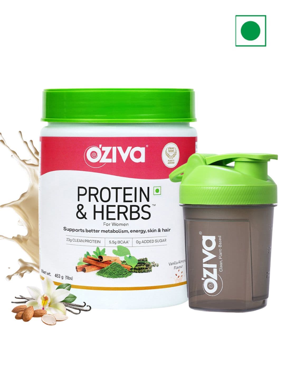 OZiva Women Protein & Herbs Supplement - 435 g- Vanilla Almond With Free Shaker - view 1