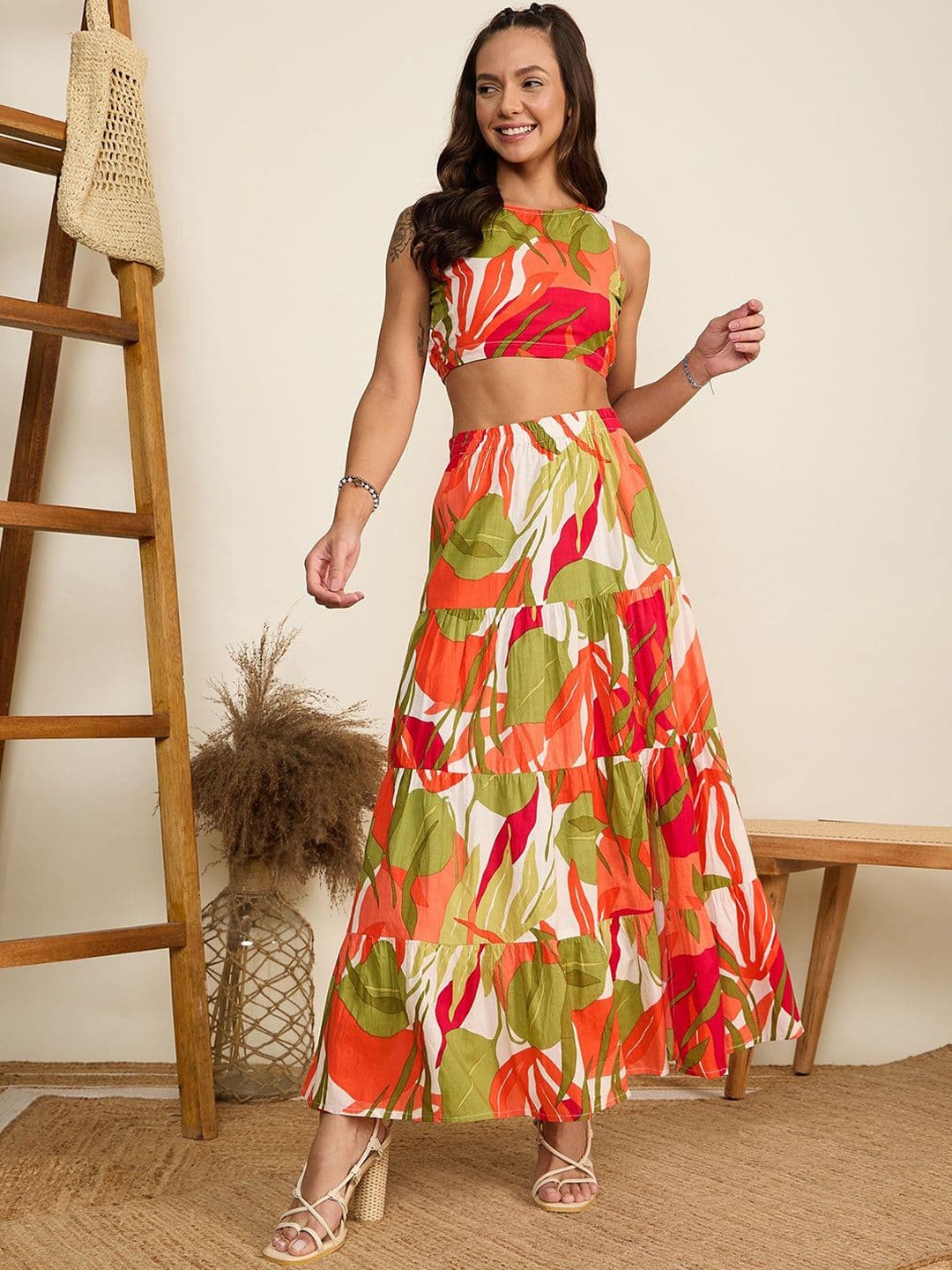 WineRed Printed Round Neck Top With Skirt Co-Ords - view 1