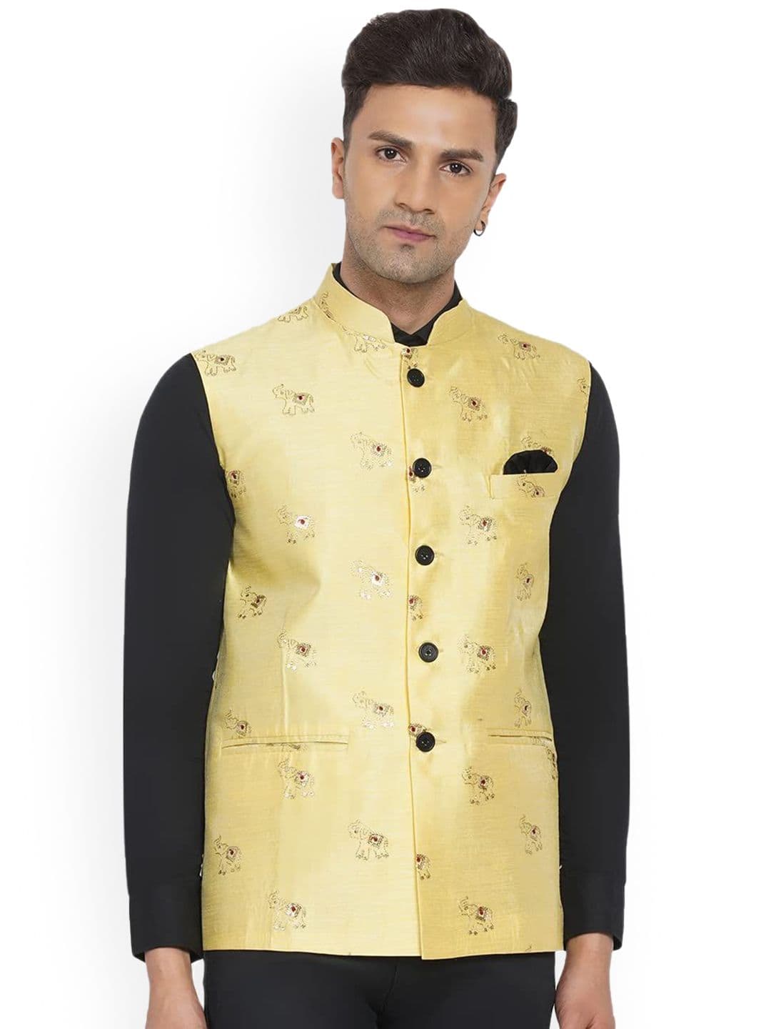 VEERA PARIDHAAN Jacquard Silk Printed Mandarin Collar Nehru Jacket - view 1