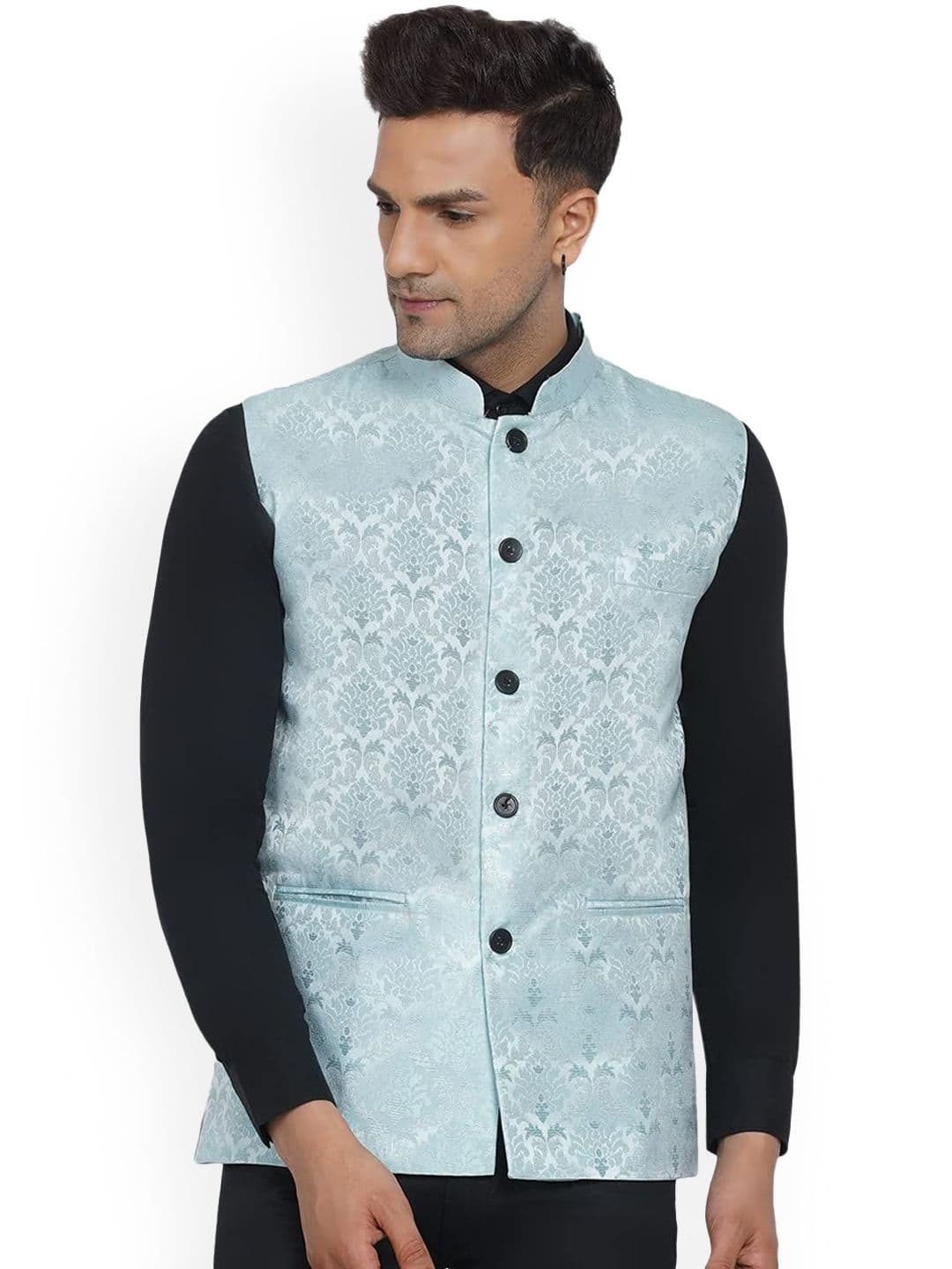 VEERA PARIDHAAN Jacquard Printed Mandarin Collar Nehru Jacket - view 1