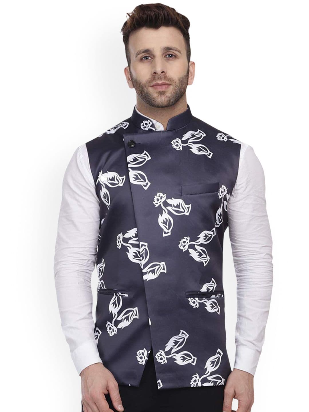 VEERA PARIDHAAN Satin Printed Mandarin Collar Nehru Jacket - view 1