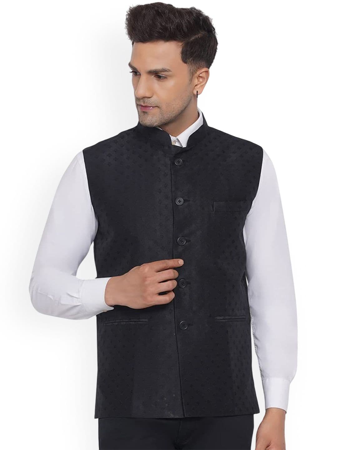 VEERA PARIDHAAN Jacquard Printed Mandarin Collar Nehru Jacket - view 1