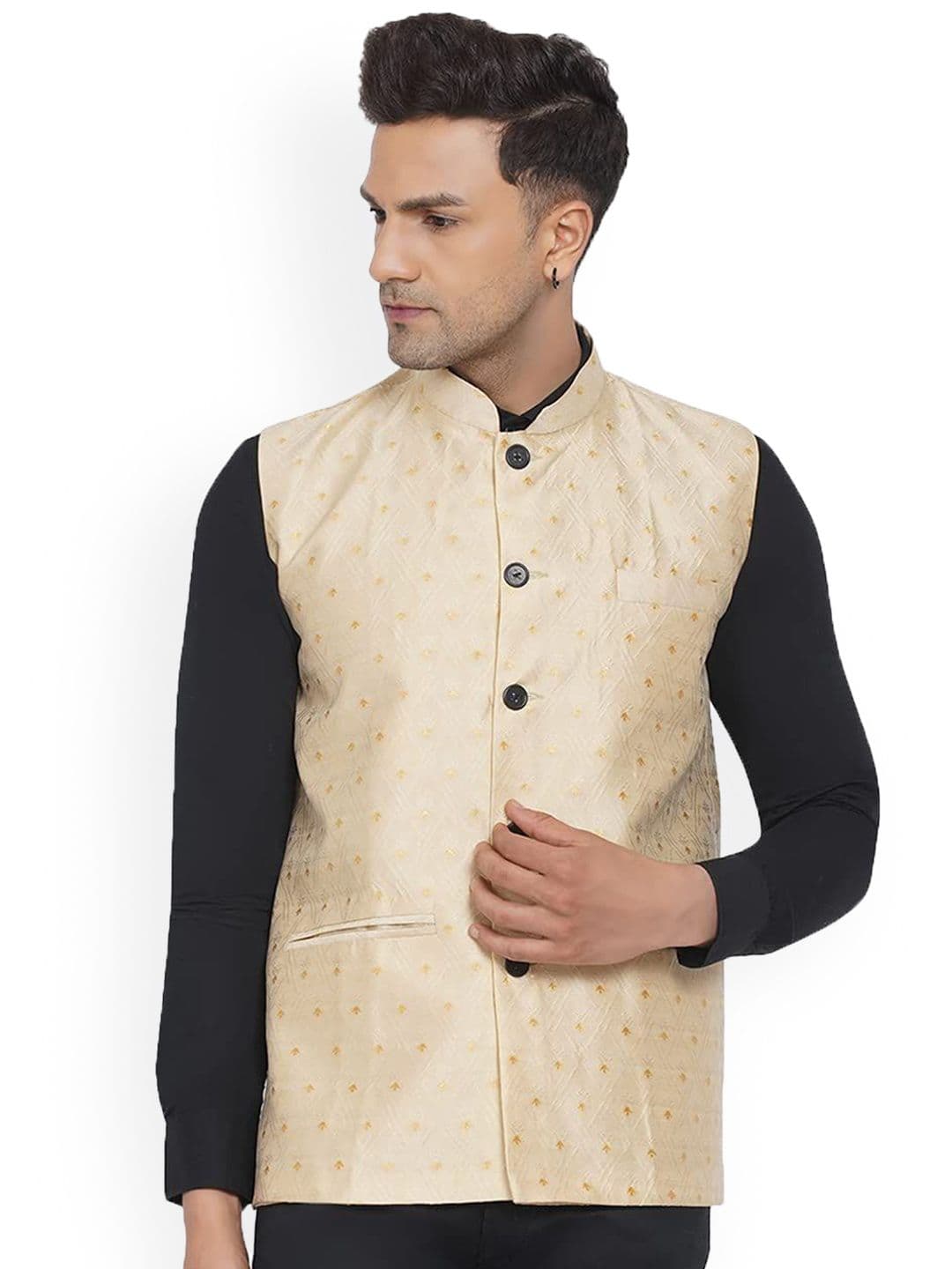 VEERA PARIDHAAN Printed Jacquard Design Mandarin Collar Nehru Jackets - view 1