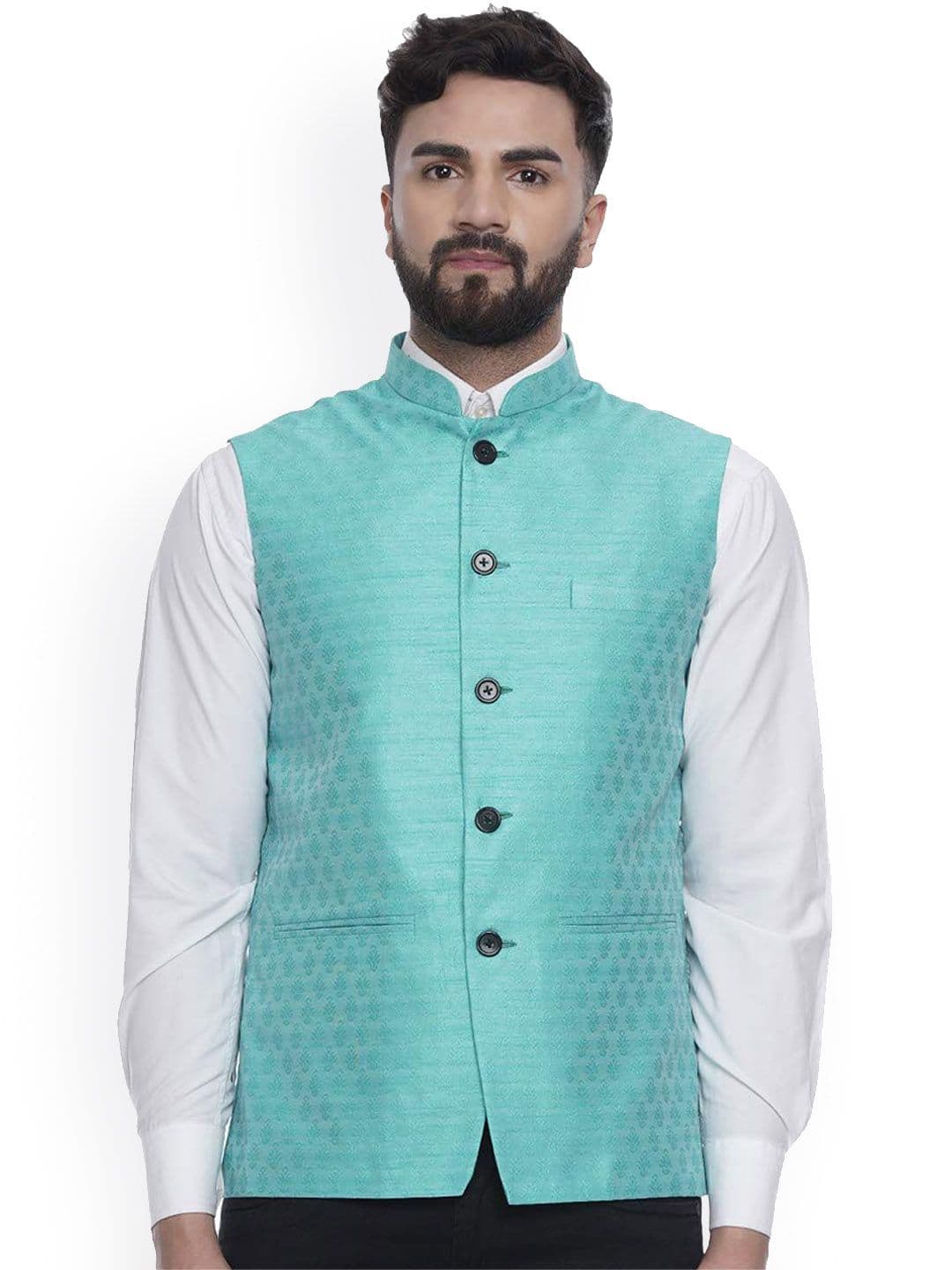VEERA PARIDHAAN Jacquard Silk Printed Mandarin Collar Nehru Jacket - view 1