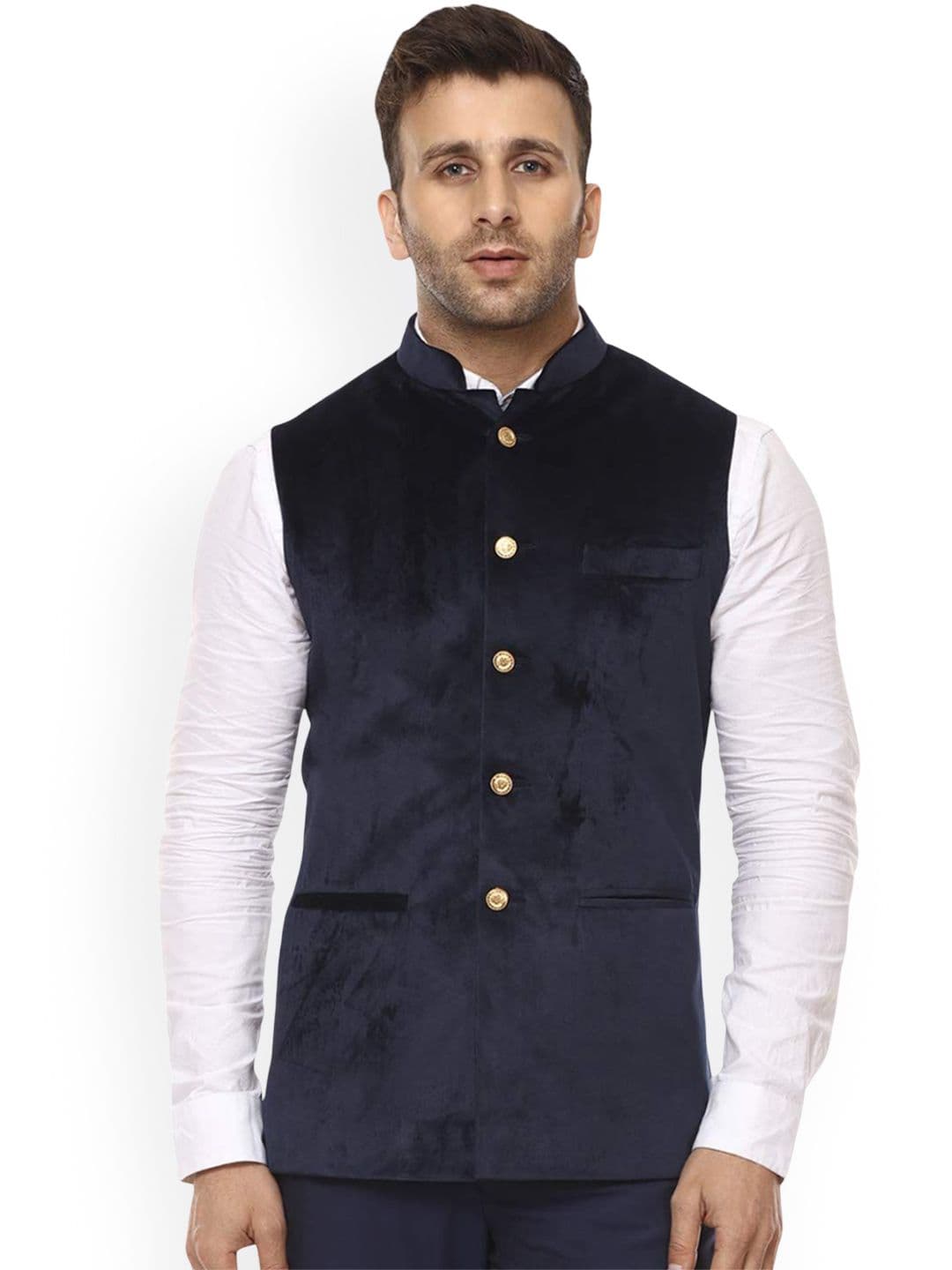 VEERA PARIDHAAN Velvet Mandarin Collar Nehru Jackets - view 1