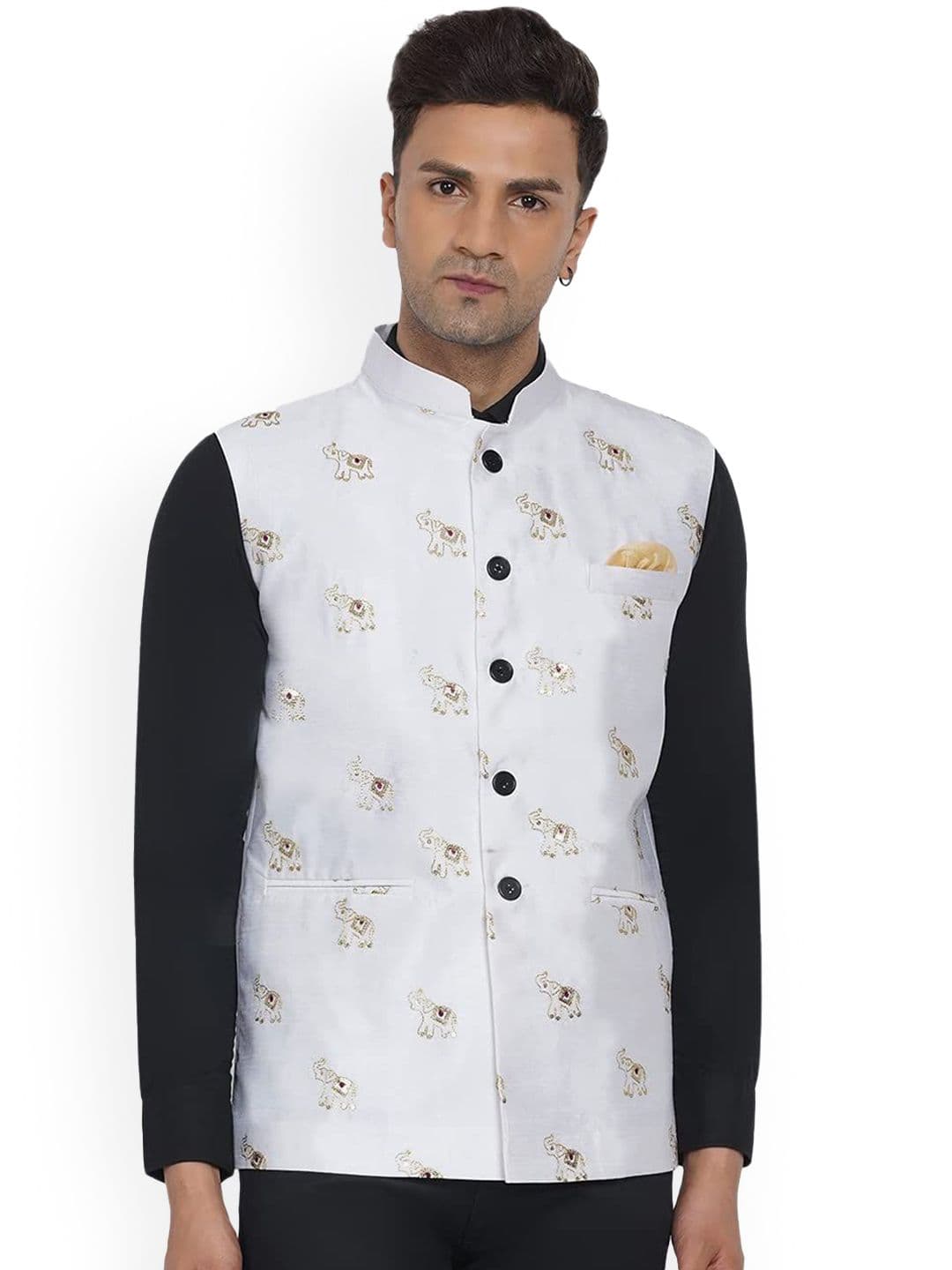 VEERA PARIDHAAN Printed Silk Nehru Jacket - view 1