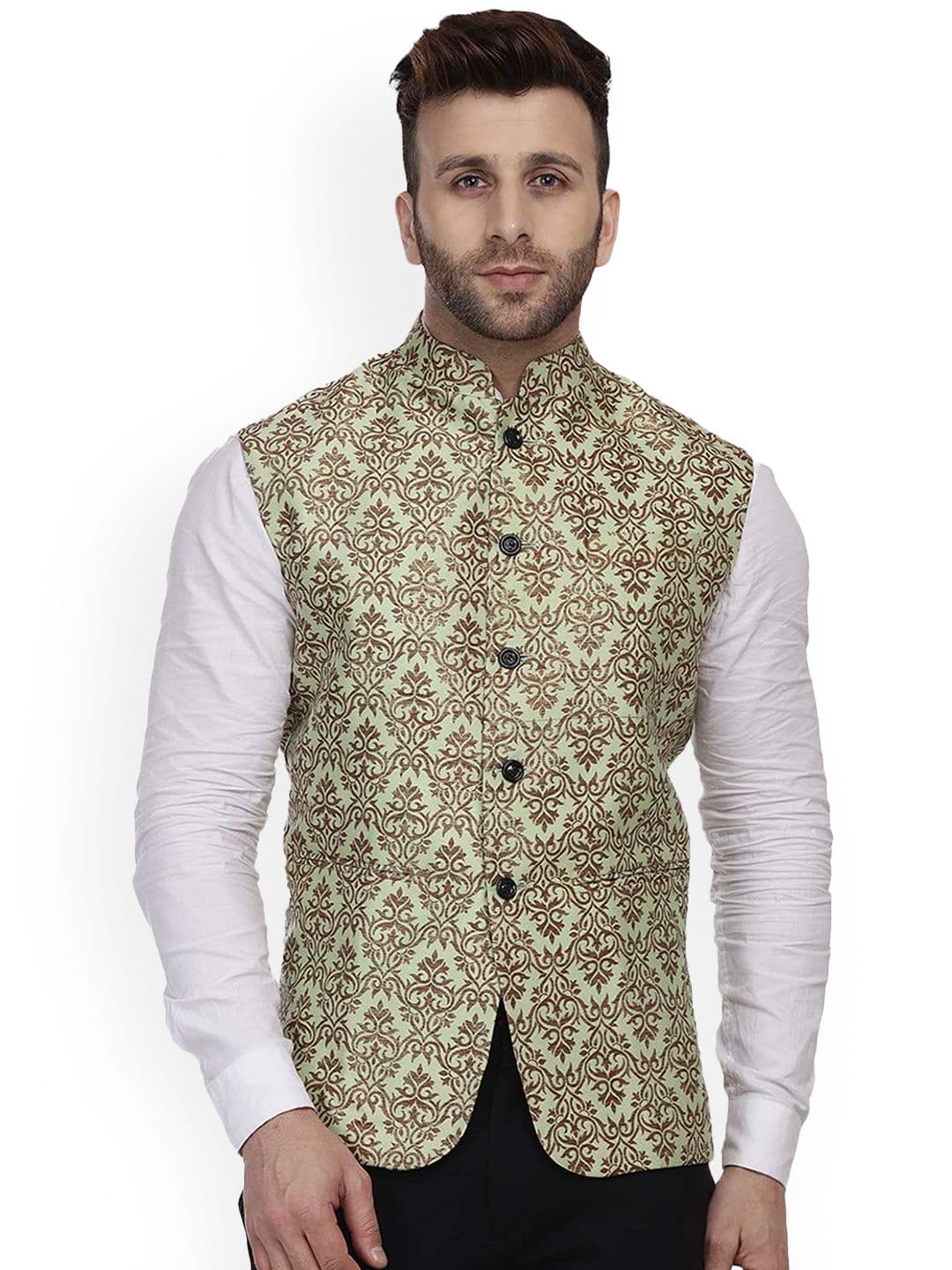 VEERA PARIDHAAN Banarasi Jacquard Printed Mandarin Collar Nehru Jacket - view 1