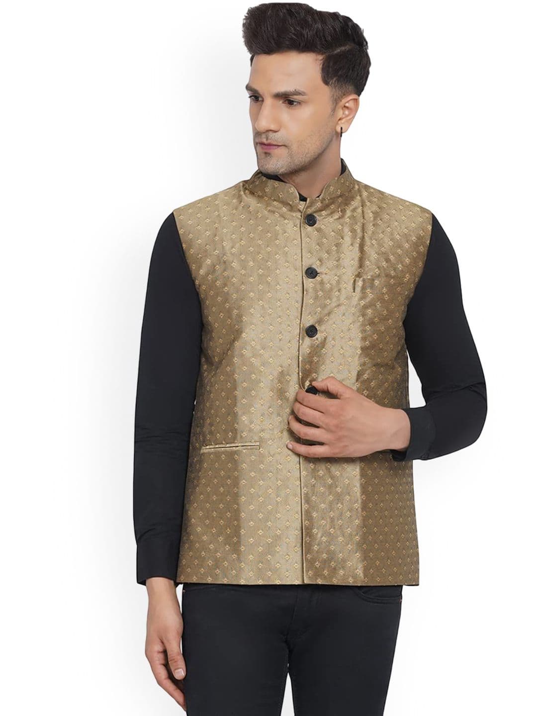 VEERA PARIDHAAN Printed Jacquard Design Mandarin Collar Nehru Jacket - view 1