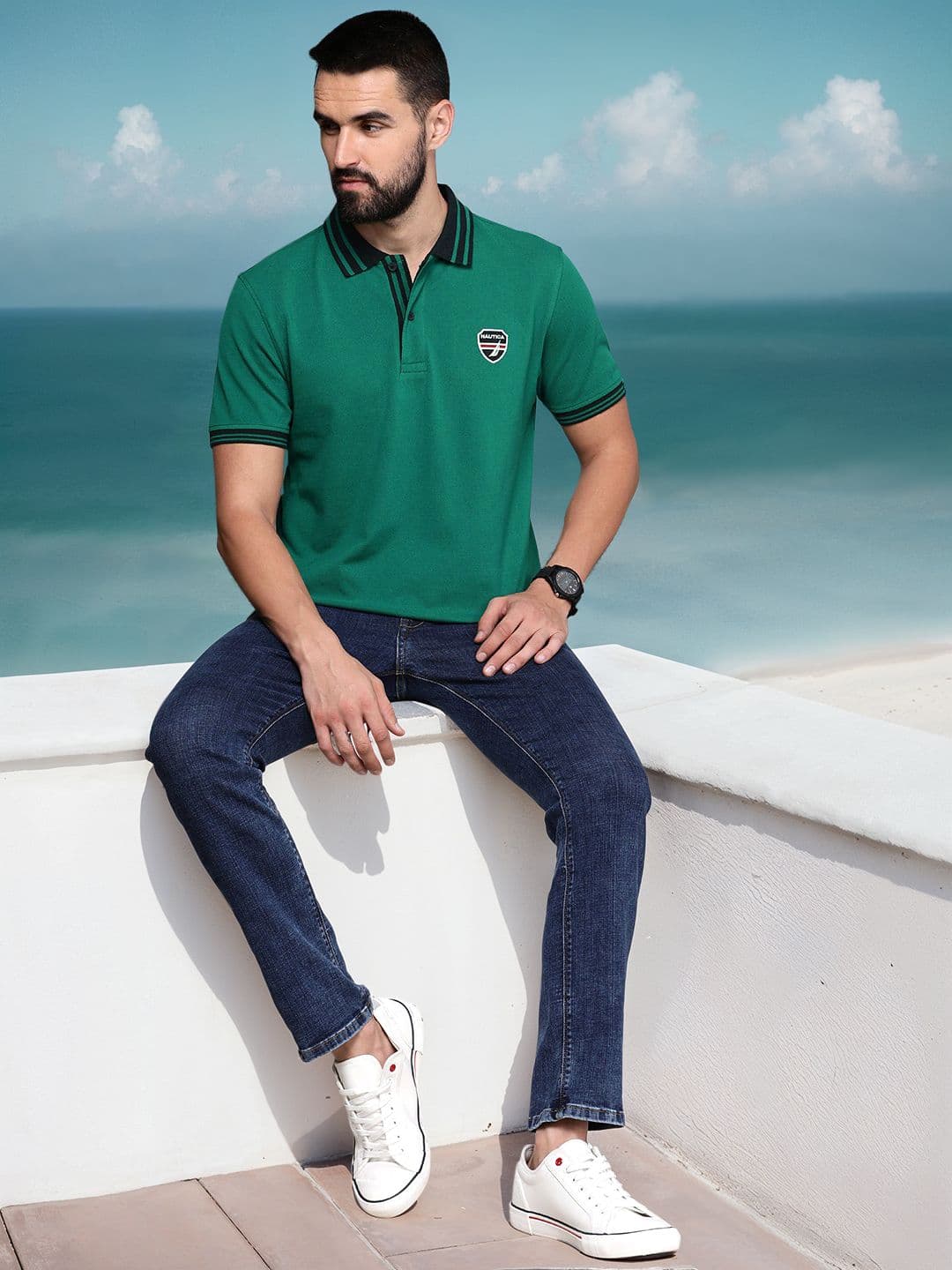 Nautica Solid Polo Collar Pure Cotton T-shirt with Embroidered Detail - view 1