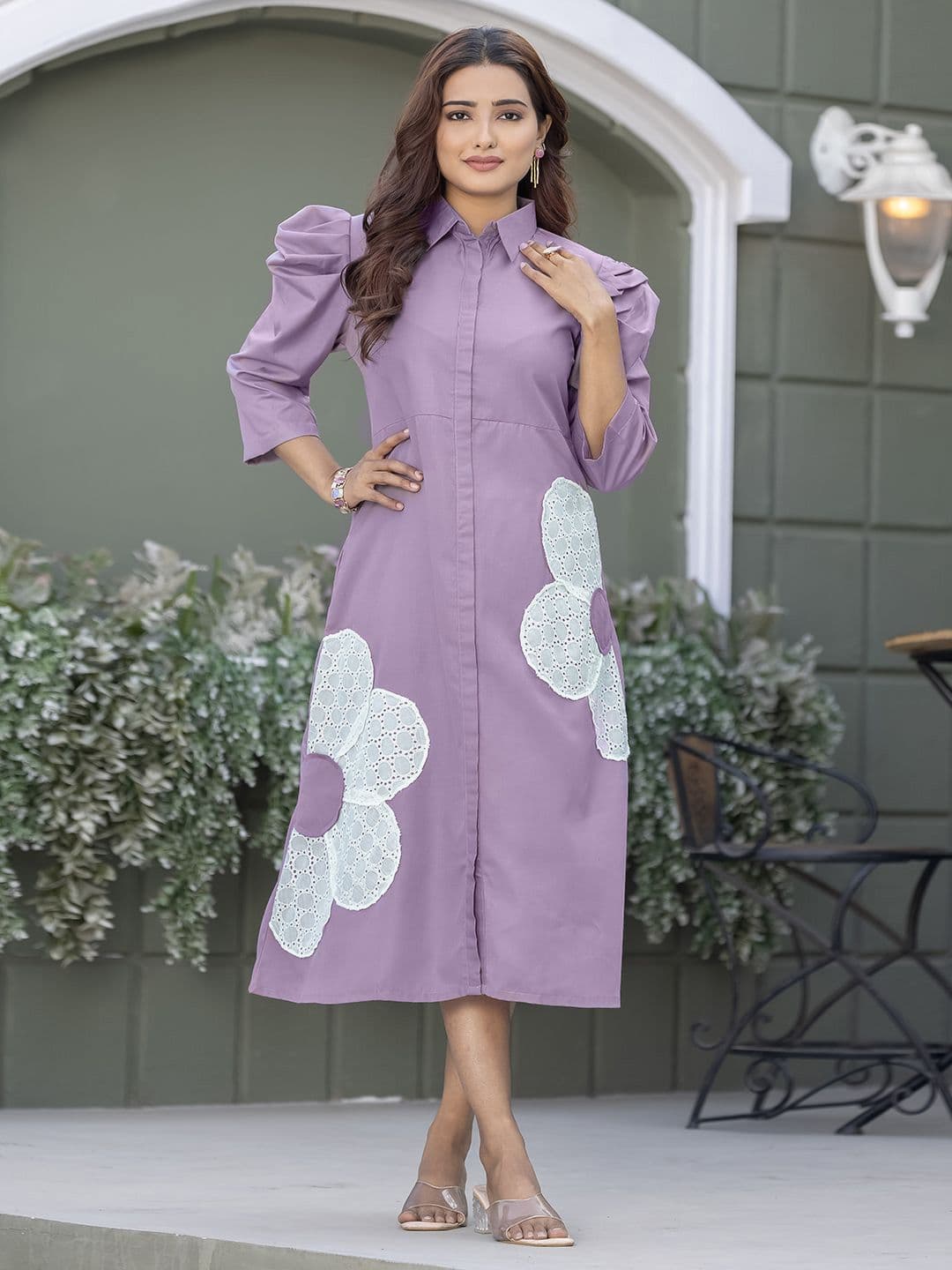 WEAVLLITE Floral Puff Sleeve Applique A-Line Midi Dress - view 1