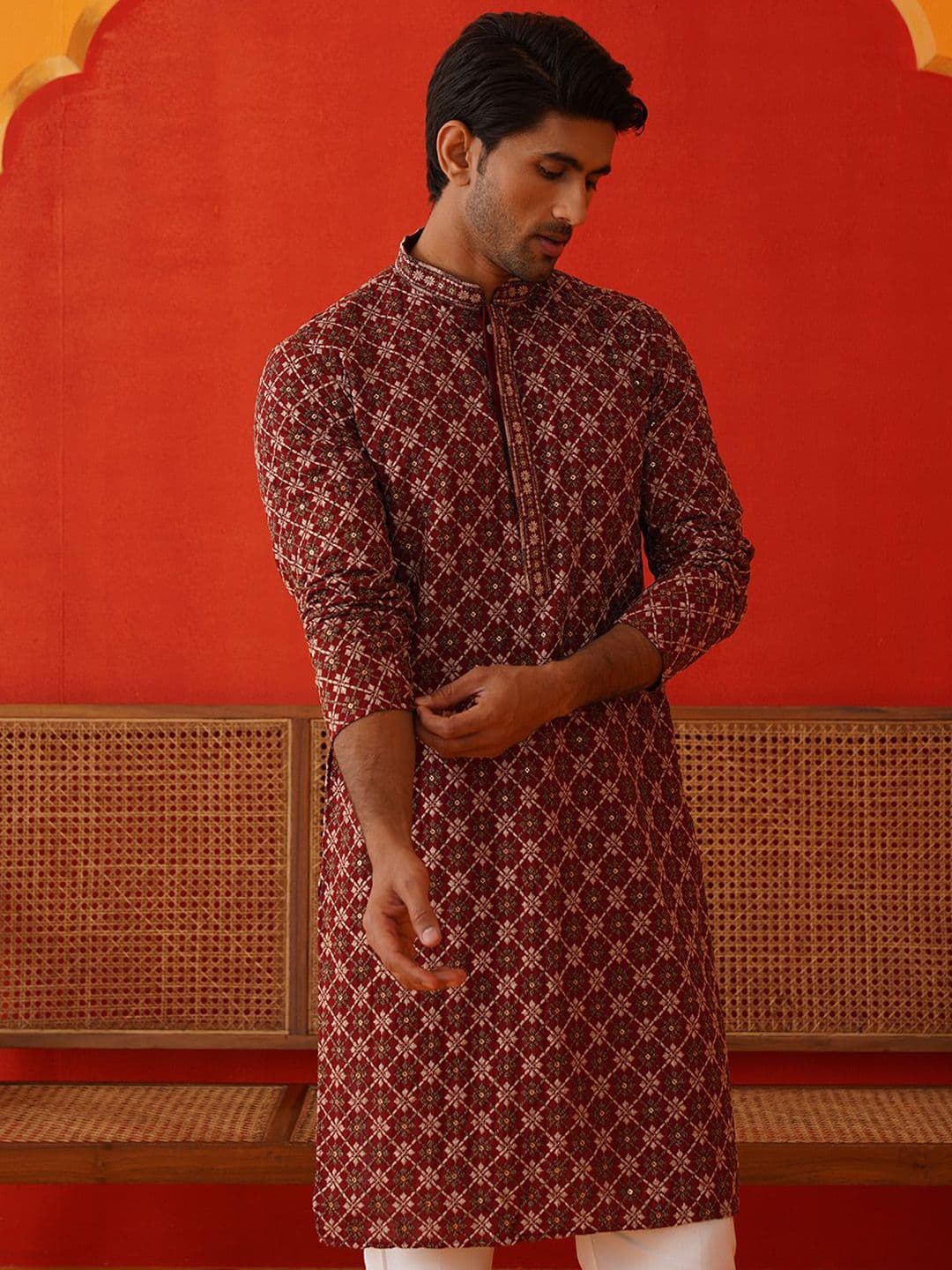 Jompers Men Geometric Embroidered Sequinned Kurta - view 1