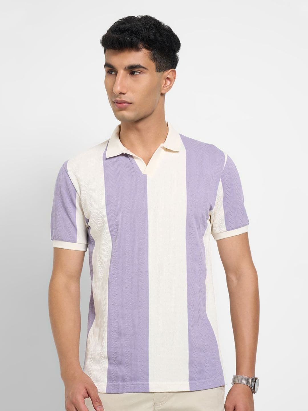 Peregrine by Pantaloons Men Striped Polo Collar Cut Outs Slim Fit T-shirt - view 1