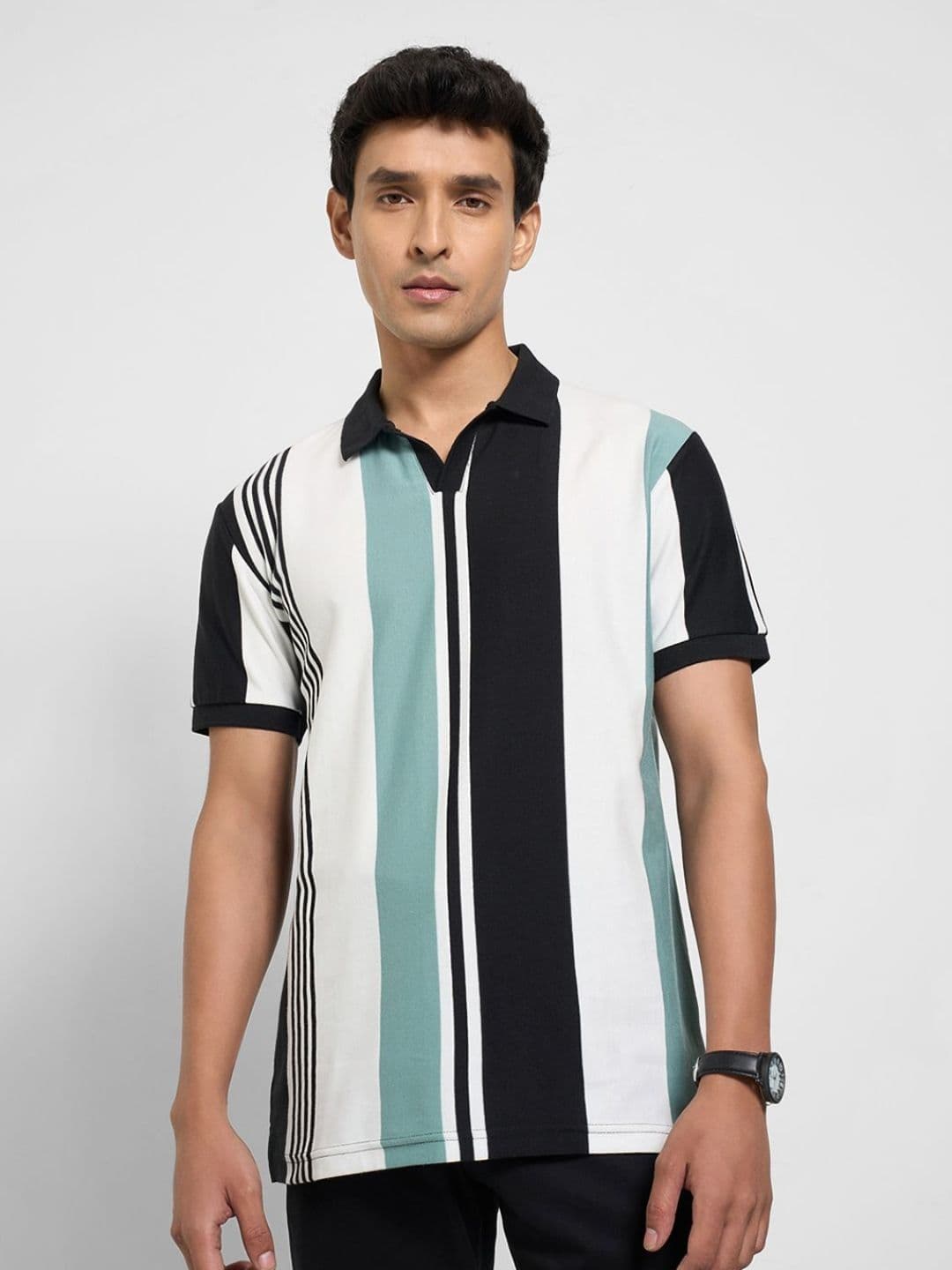 Peregrine by Pantaloons Men Striped Polo Collar Pockets Slim Fit T-shirt - view 1